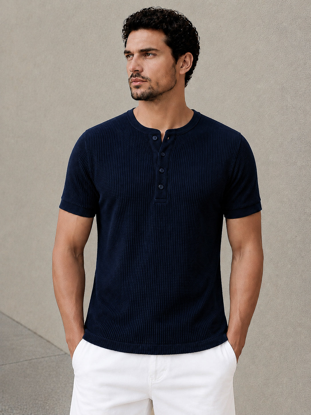 Navy Waffle Knit Half Sleeve Henley Tshirt For Men