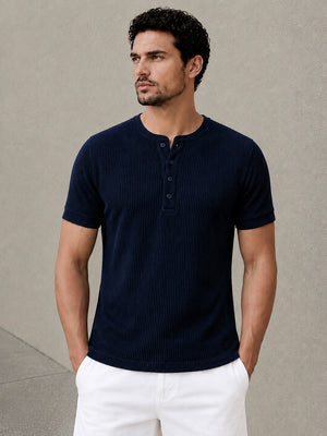 Navy Waffle Knit Half Sleeve Henley Tshirt For Men