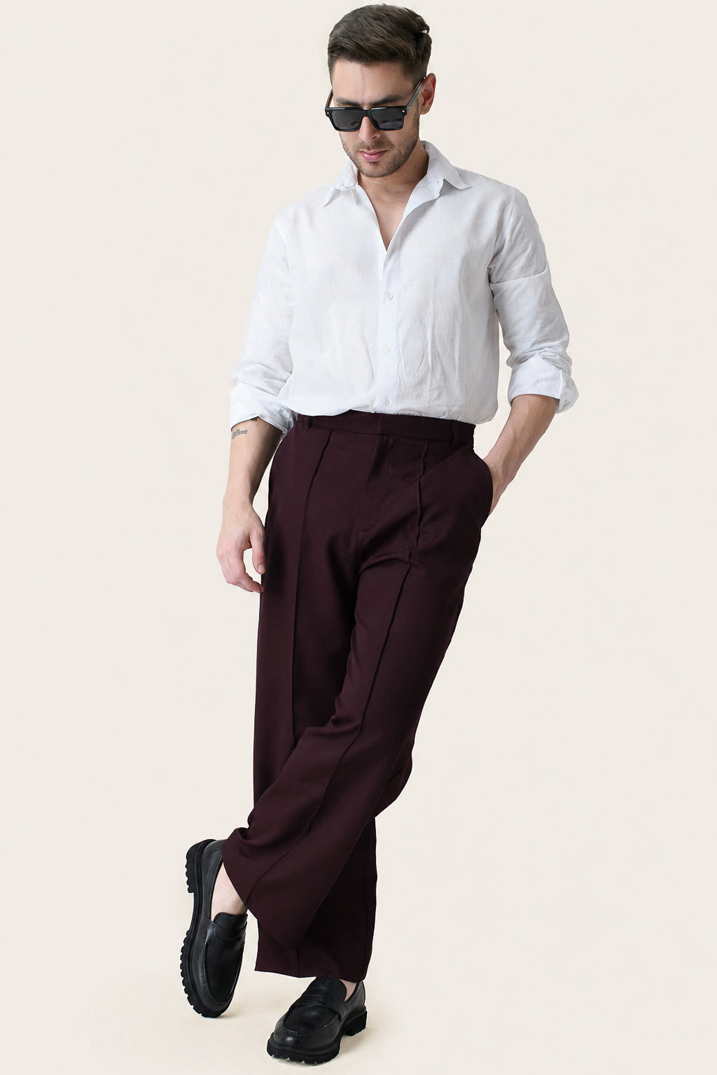 Wine Solid Pintuck Korean Pants