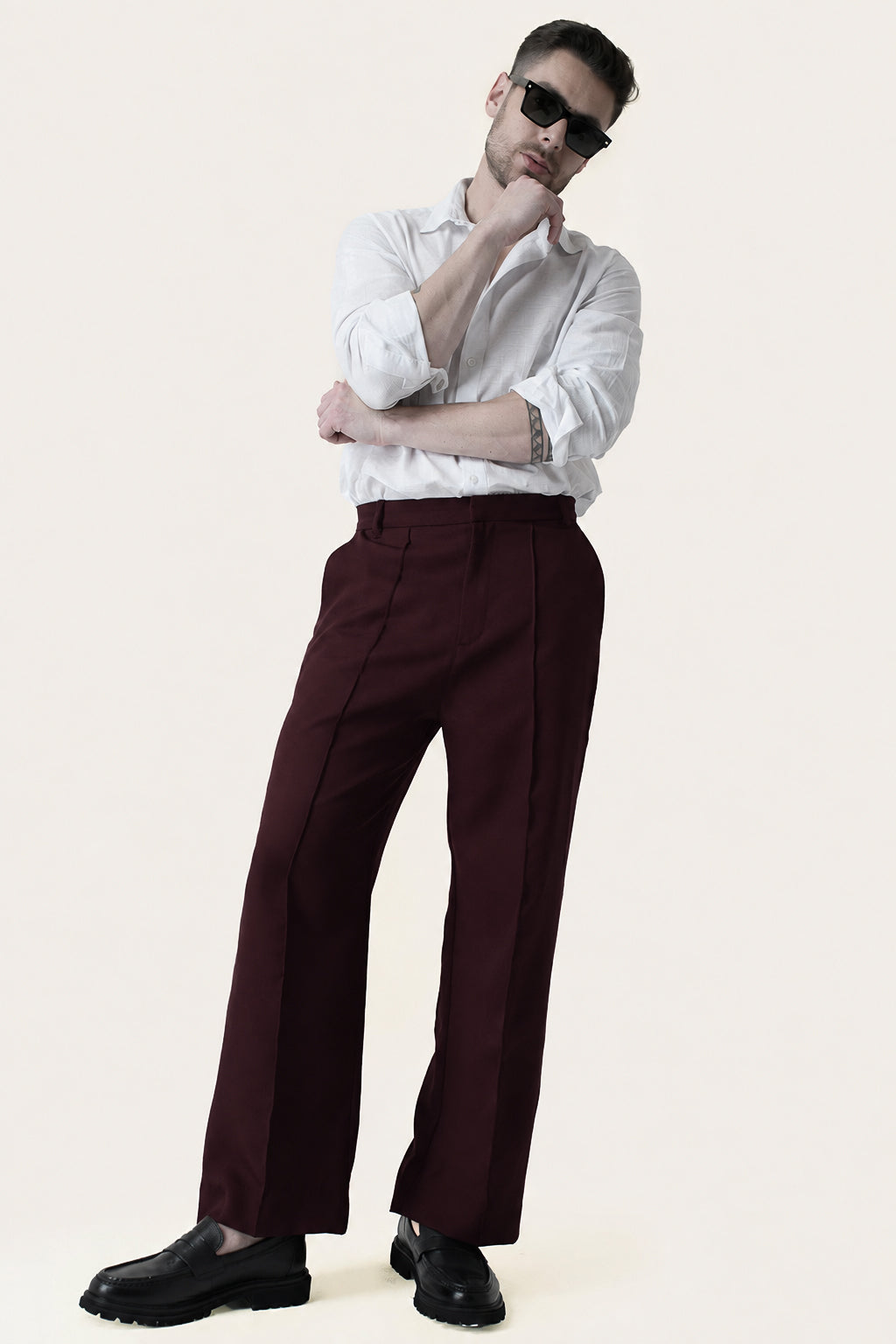 Wine Solid Pintuck Korean Pants