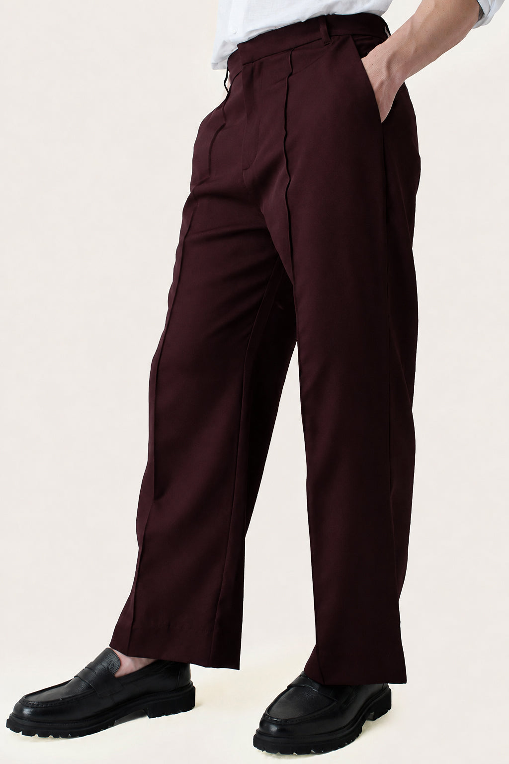 Wine Solid Pintuck Korean Pants