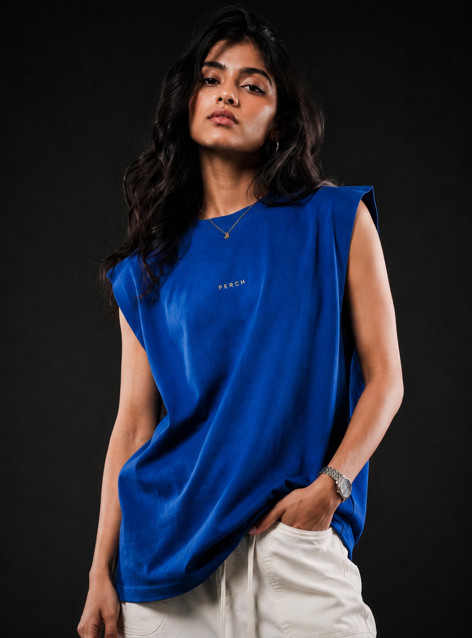 Royal Blue Oversized Sleeveless Cotton Solid Tank Tshirt for Men & Women