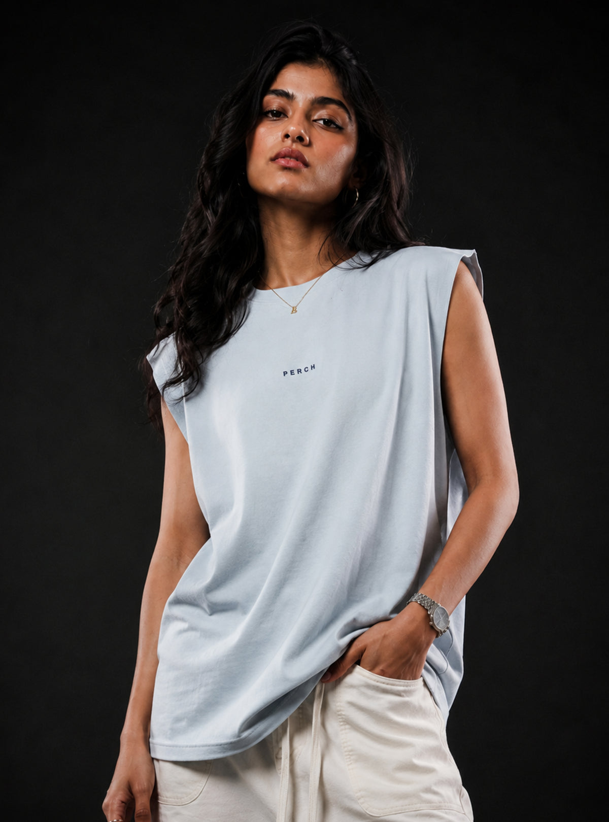 Sky Blue Oversized Sleeveless Cotton Solid Tank Tshirt for Men & Women