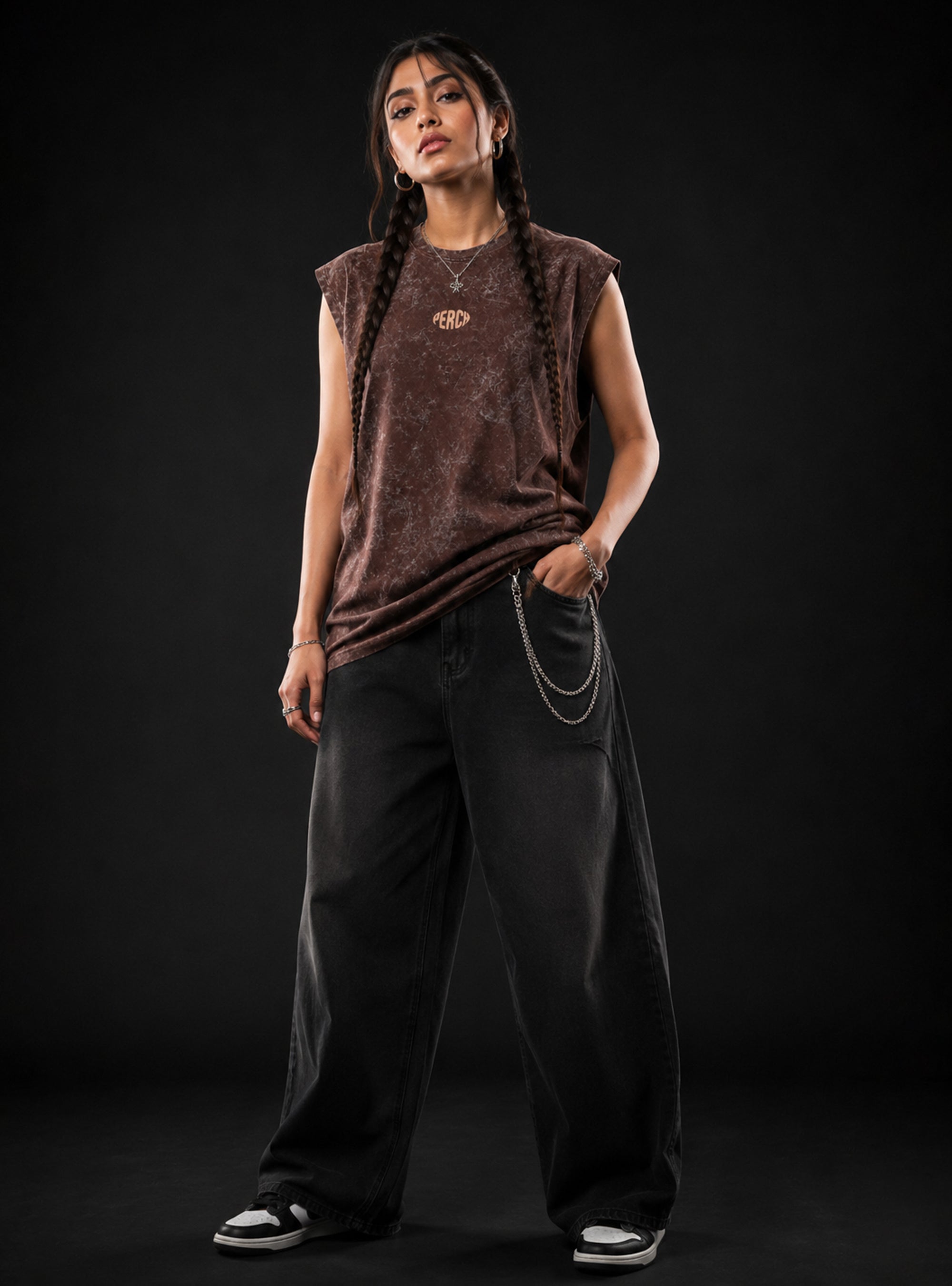 Brown Oversized Sleeveless Cotton Acid Wash Tank Tshirt for Men & Women