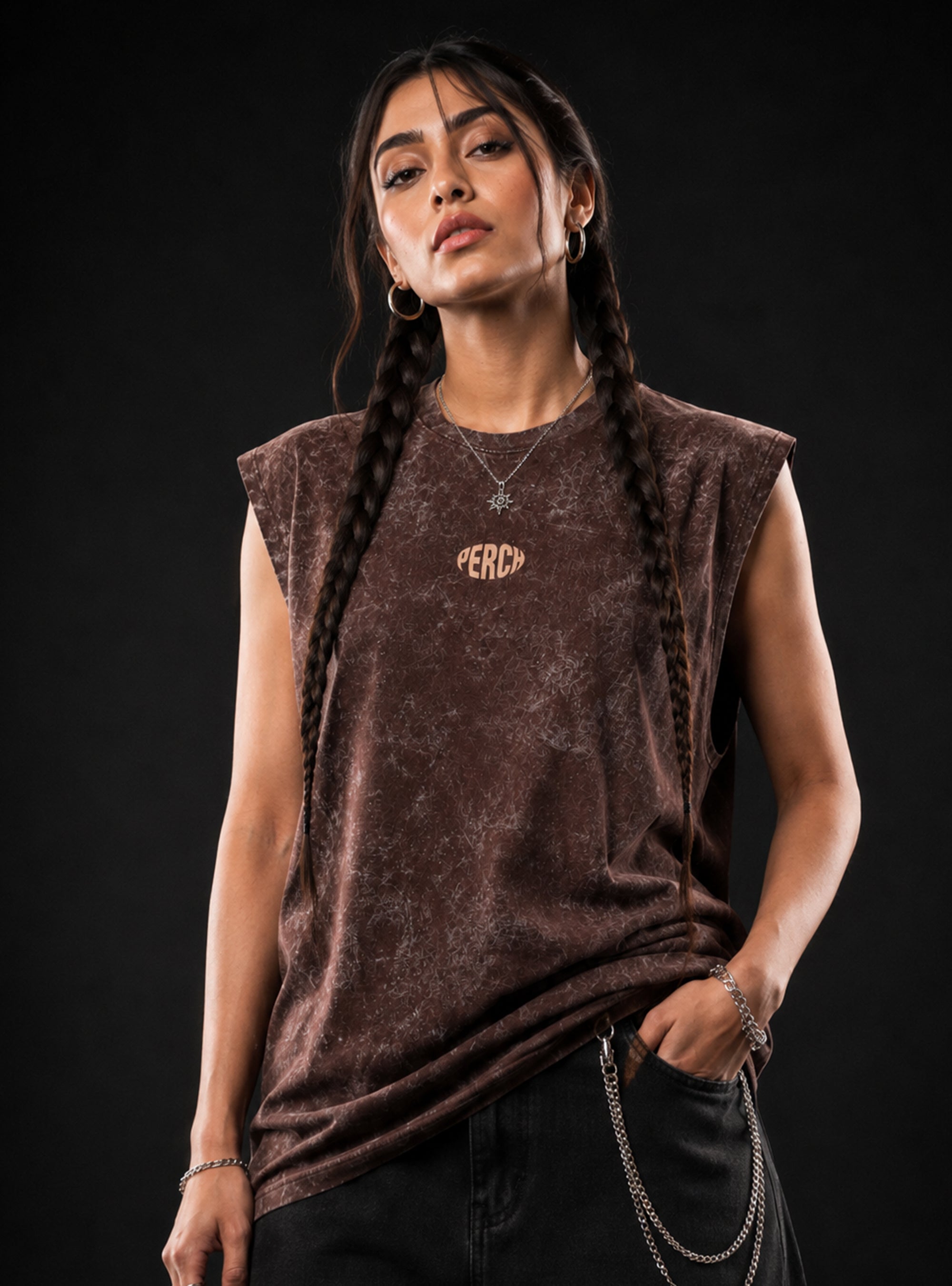 Brown Oversized Sleeveless Cotton Acid Wash Tank Tshirt for Men & Women