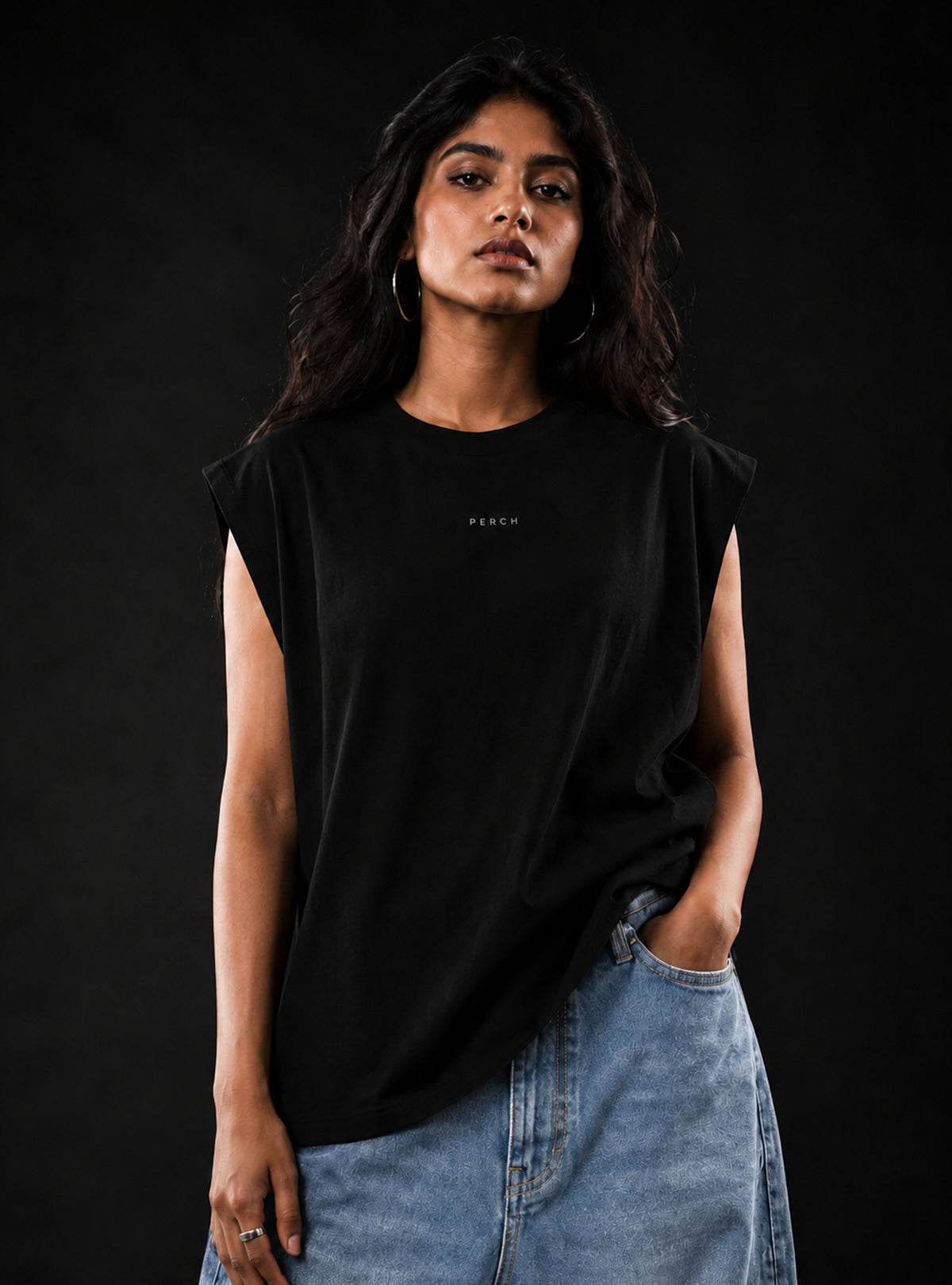 Black Oversized Sleeveless Cotton Solid Tank Tshirt for Men & Women