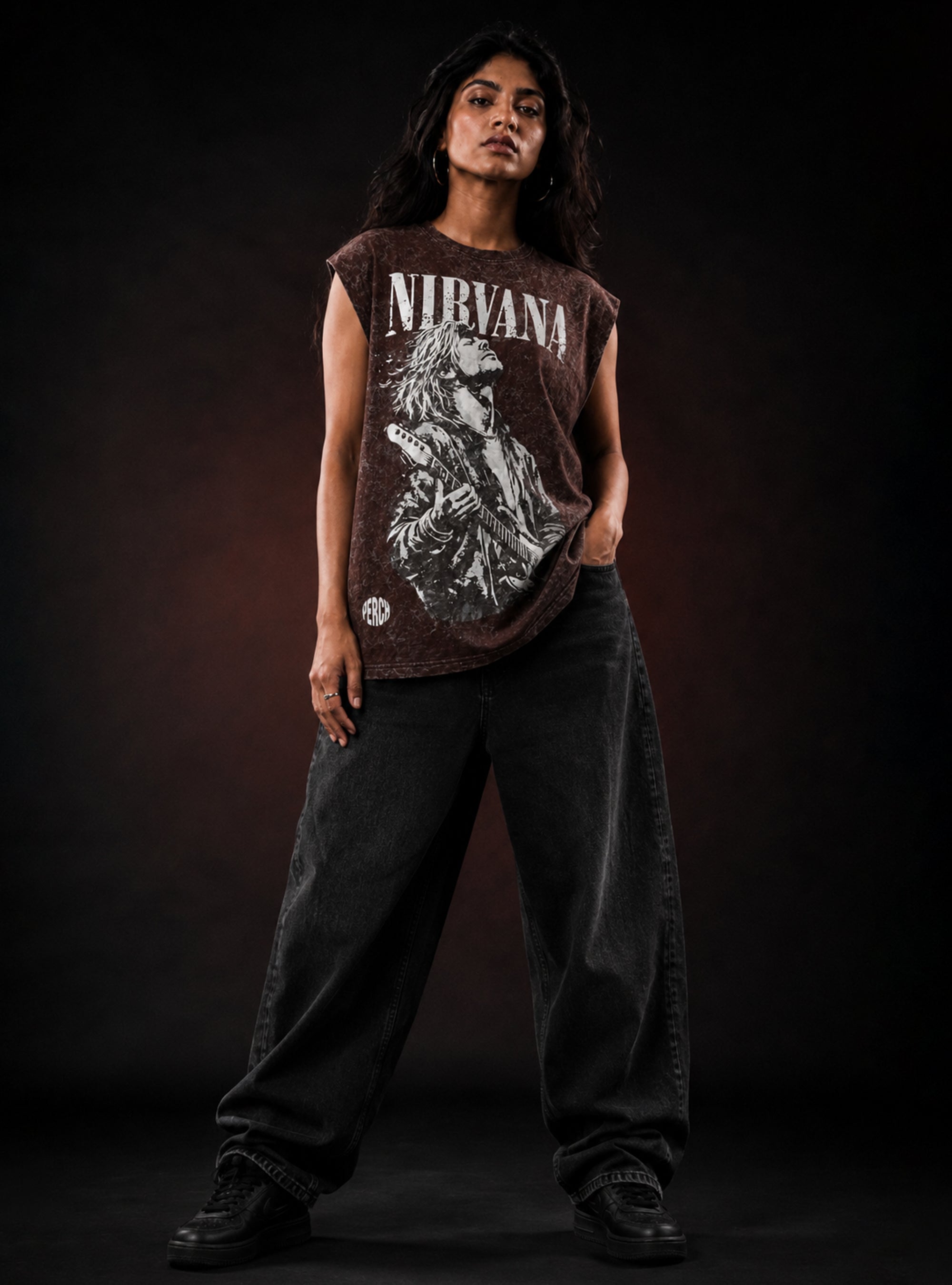 Brown Nirvana Oversized Sleeveless Cotton Acid Wash Tank Tshirt for Men & Women