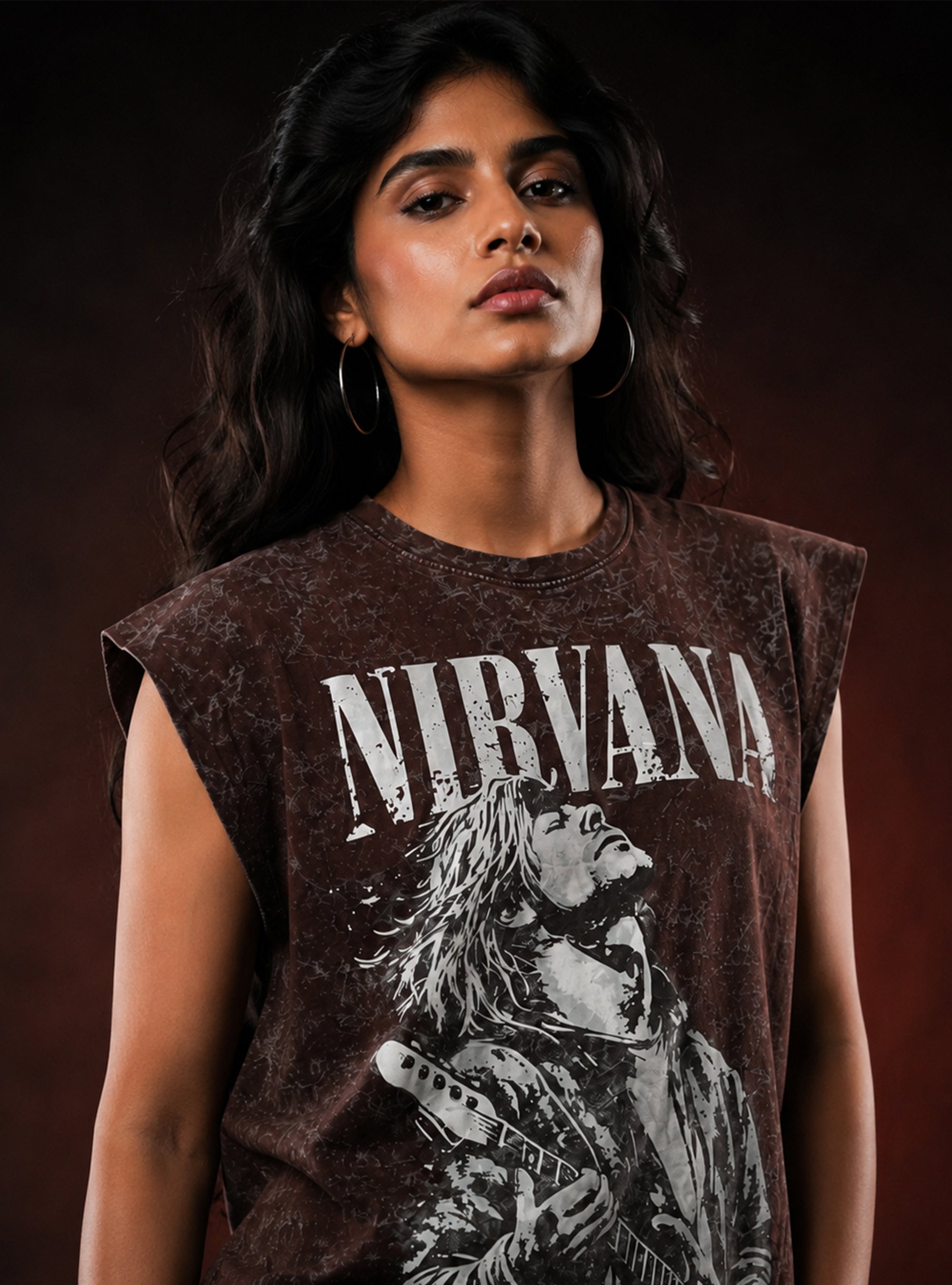 Brown Nirvana Oversized Sleeveless Cotton Acid Wash Tank Tshirt for Men & Women