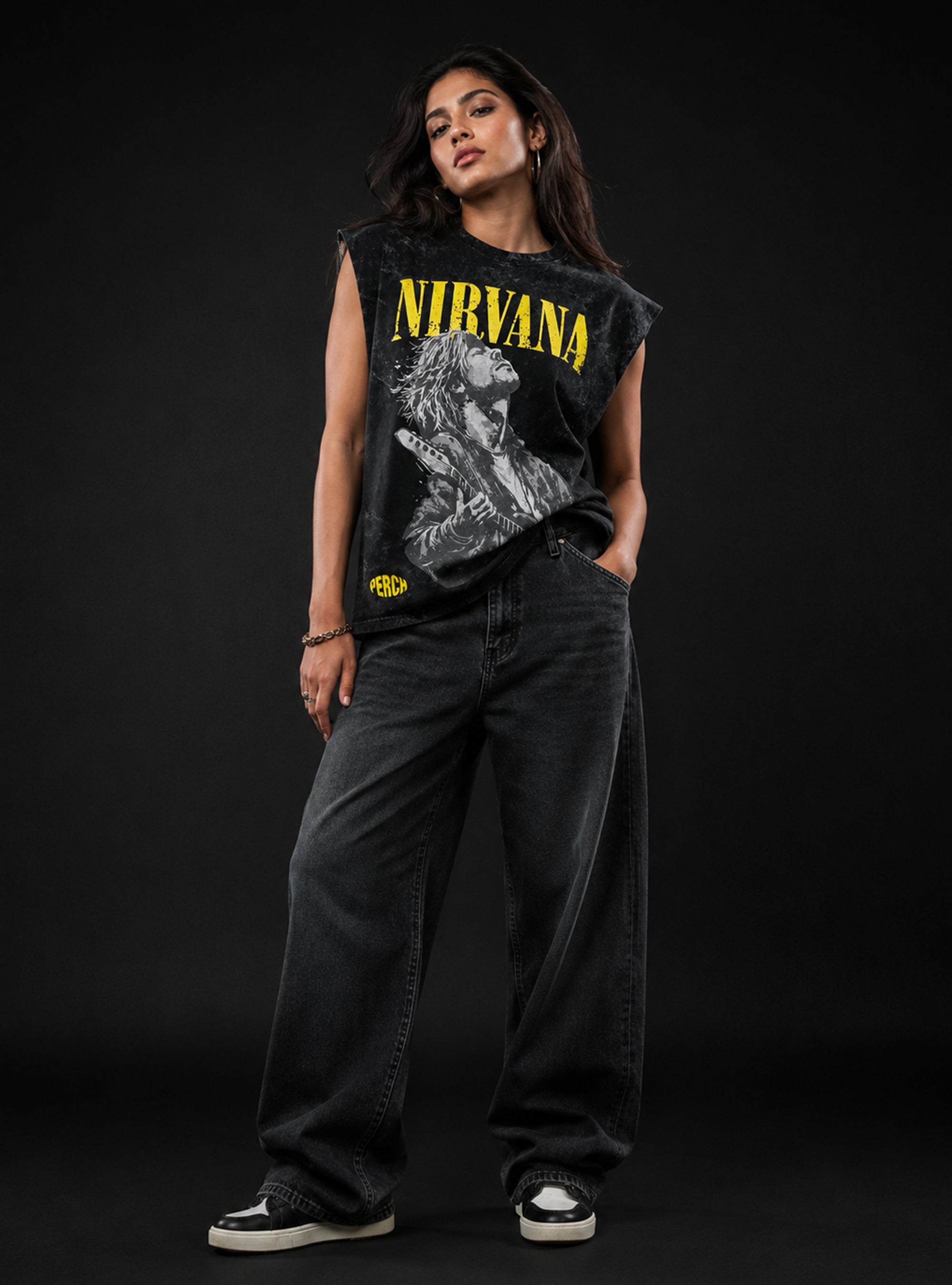 Black Nirvana Oversized Sleeveless Cotton Acid Wash Tank Tshirt for Men & Women