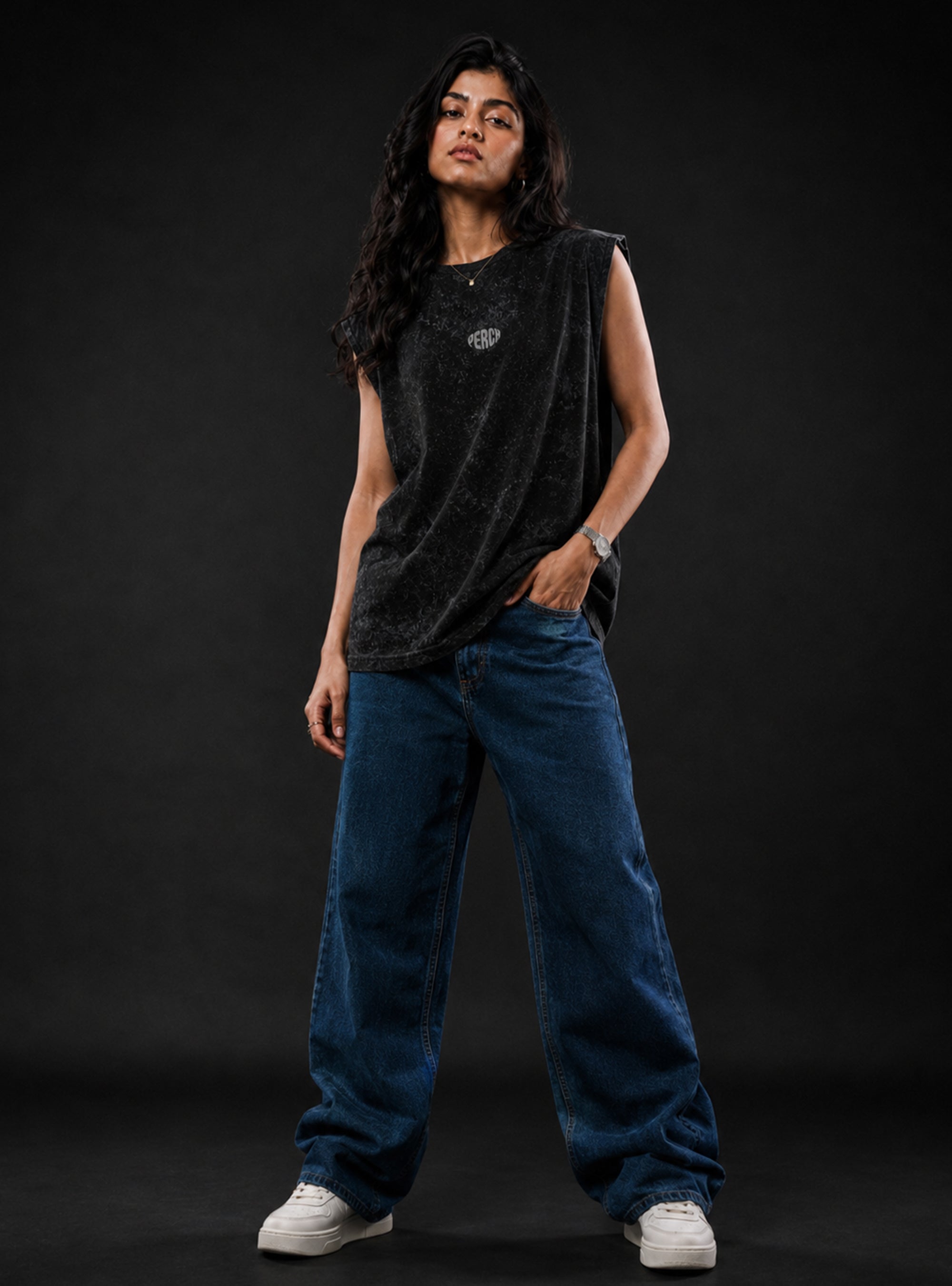 Black Oversized Sleeveless Cotton Acid Wash Tank Tshirt for Men & Women
