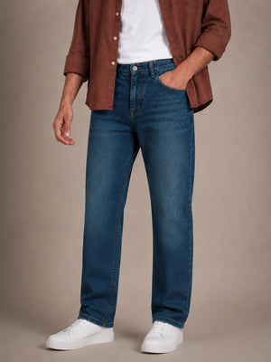 Teal Blue Washed Straight Fit Jeans