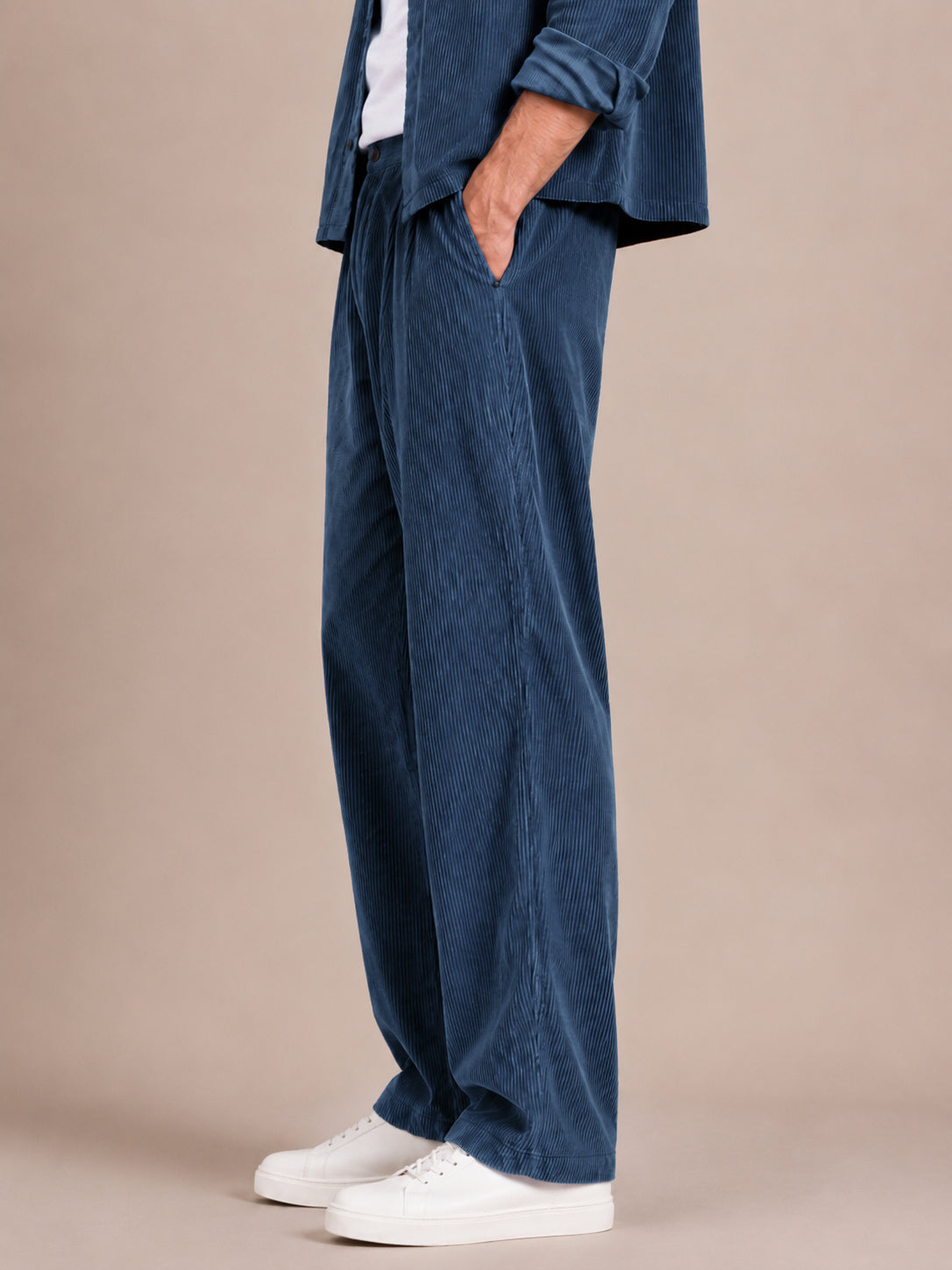 Navy Blue Corduroy Regular Fit Pleated Trouser