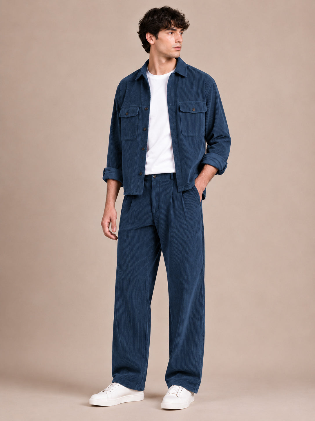 Navy Blue Corduroy Regular Fit Pleated Trouser