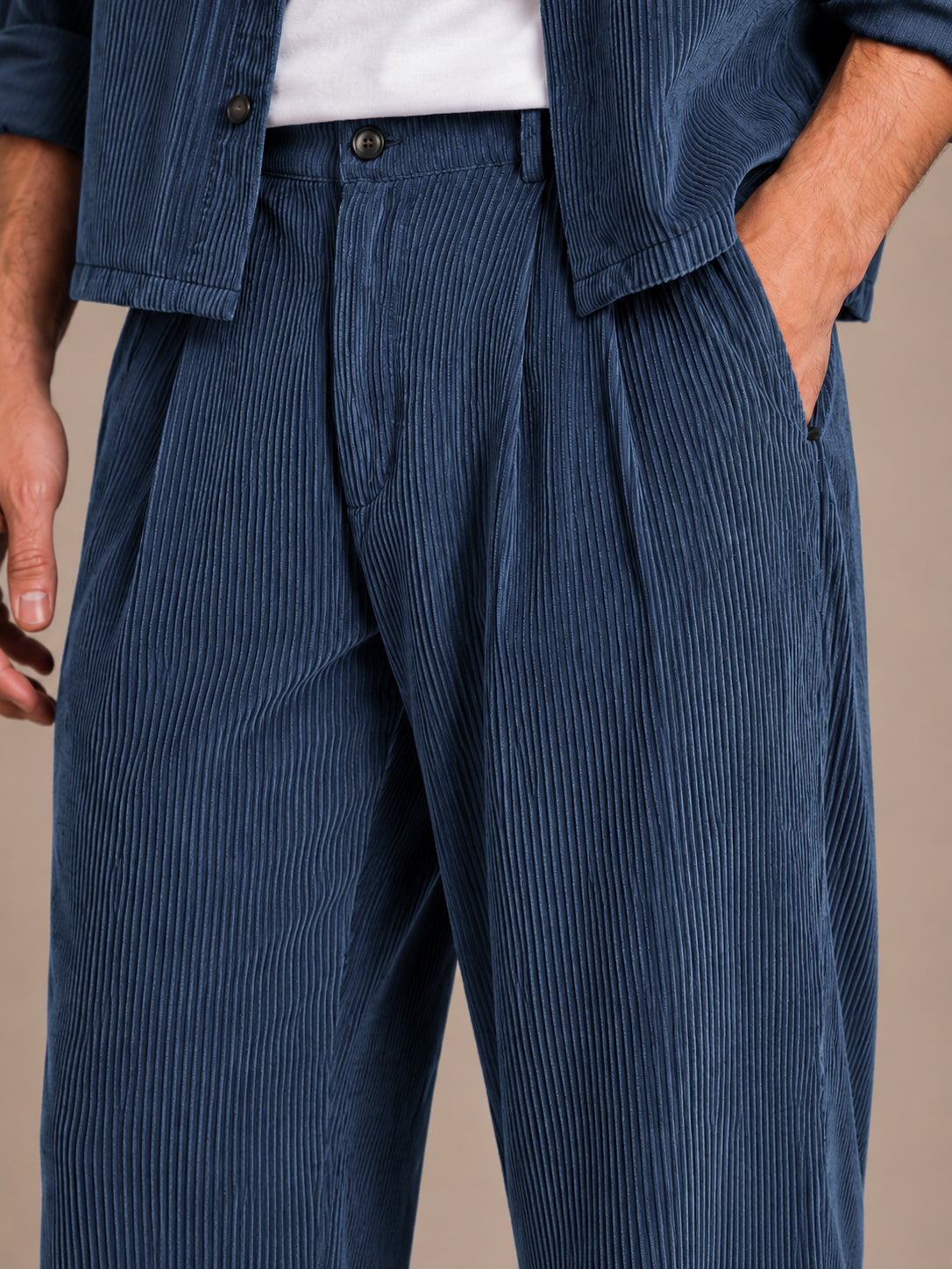 Navy Blue Corduroy Regular Fit Pleated Trouser