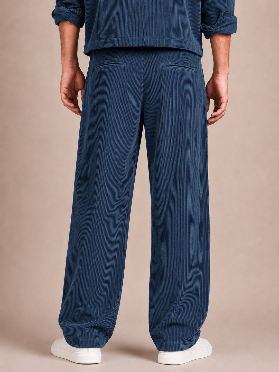 Navy Blue Corduroy Regular Fit Pleated Trouser