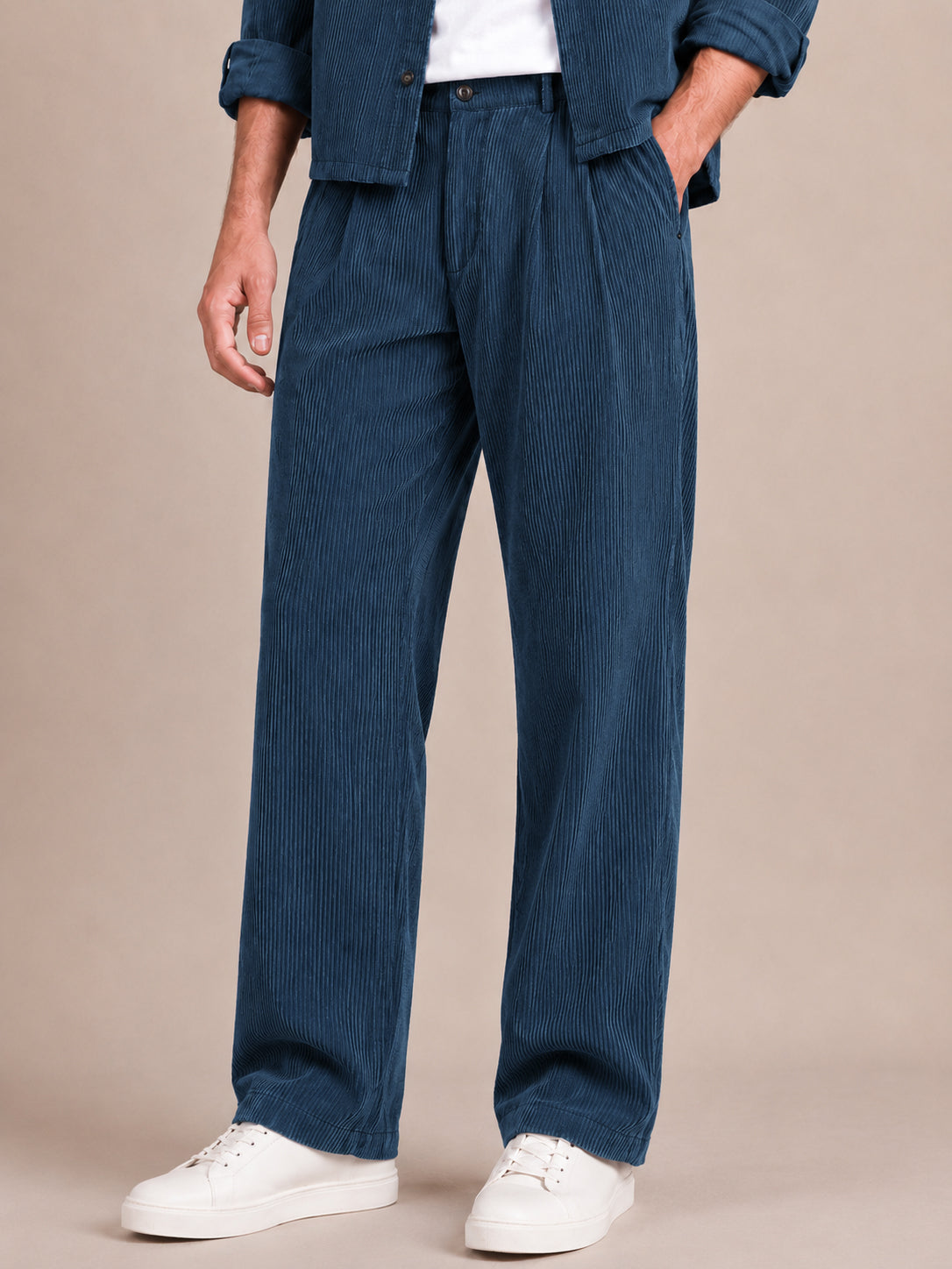Navy Blue Corduroy Regular Fit Pleated Trouser