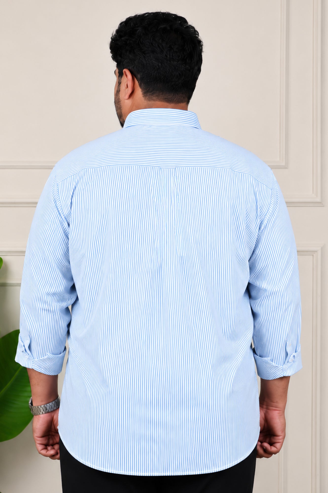 Sky Blue Striped Slim Fit Regular Fit Plus Size Cotton Shirt