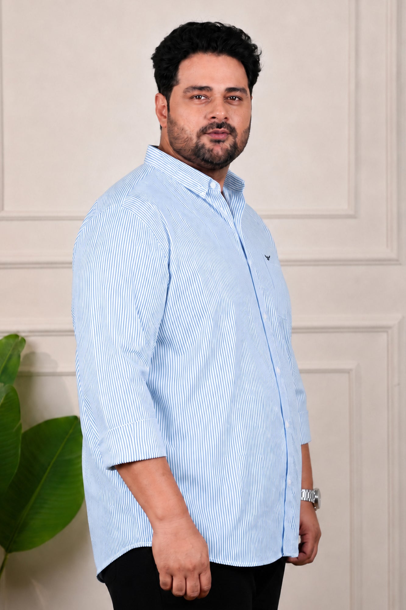Sky Blue Striped Slim Fit Regular Fit Plus Size Cotton Shirt
