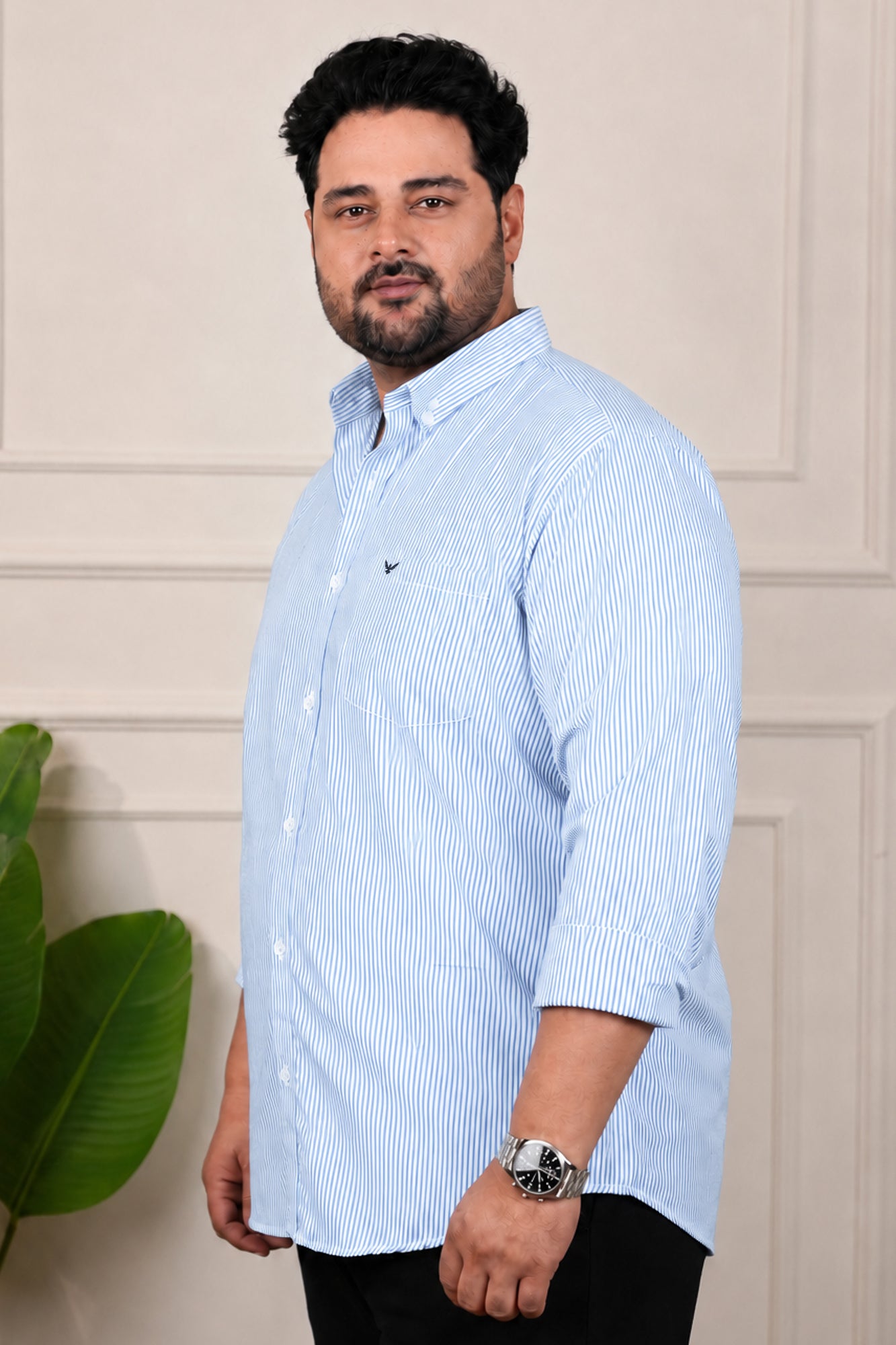 Sky Blue Striped Slim Fit Regular Fit Plus Size Cotton Shirt