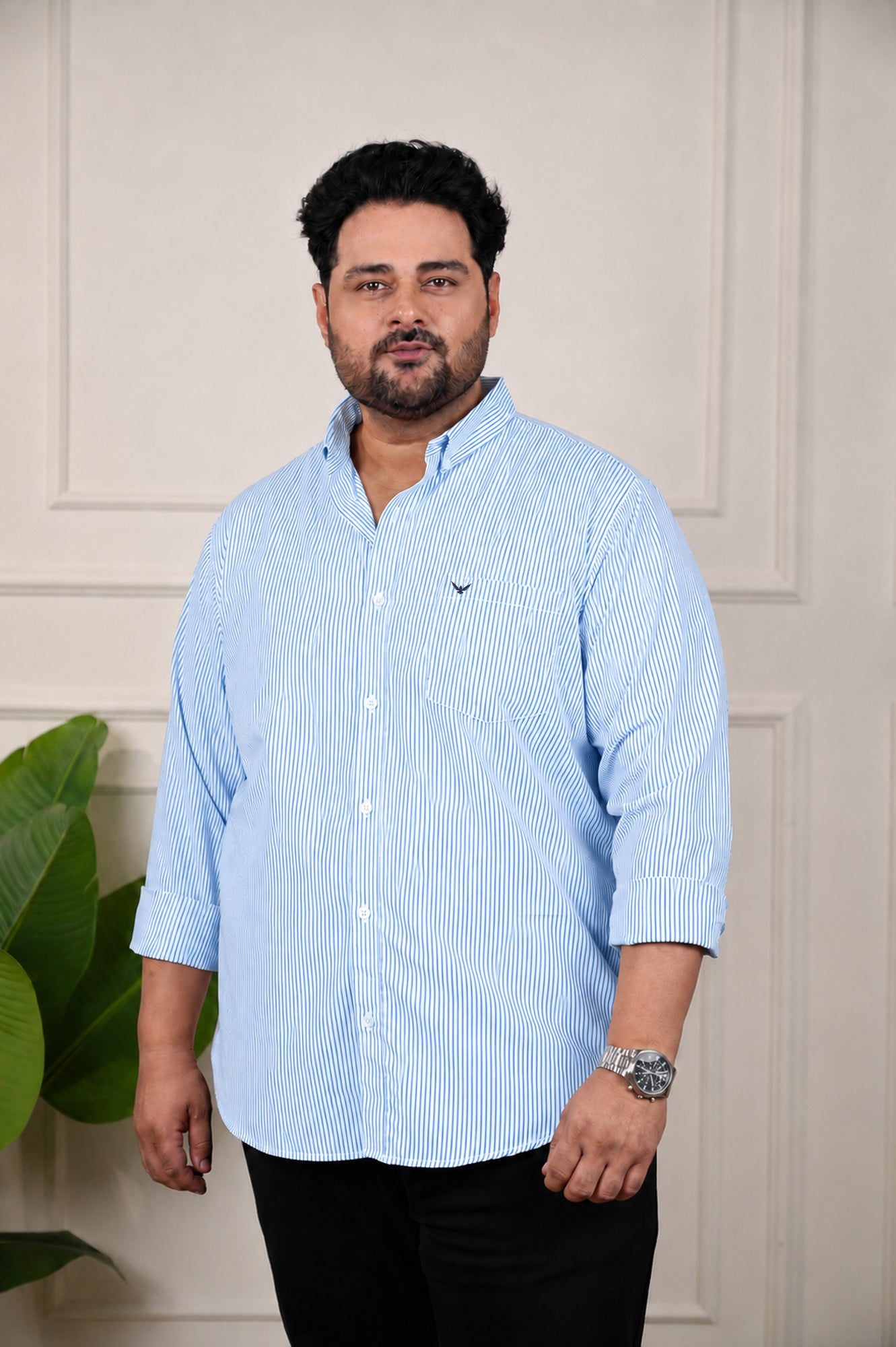 Sky Blue Striped Slim Fit Regular Fit Plus Size Cotton Shirt