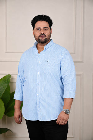 Sky Blue Striped Slim Fit Regular Fit Plus Size Cotton Shirt
