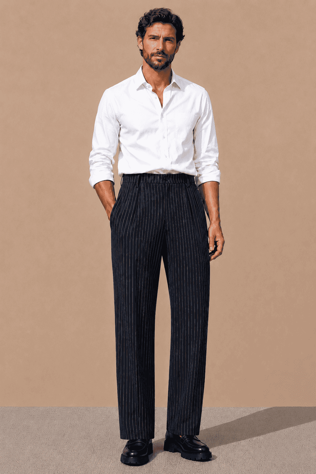 Navy Striped Viscose Relaxed Fit Korean Pant