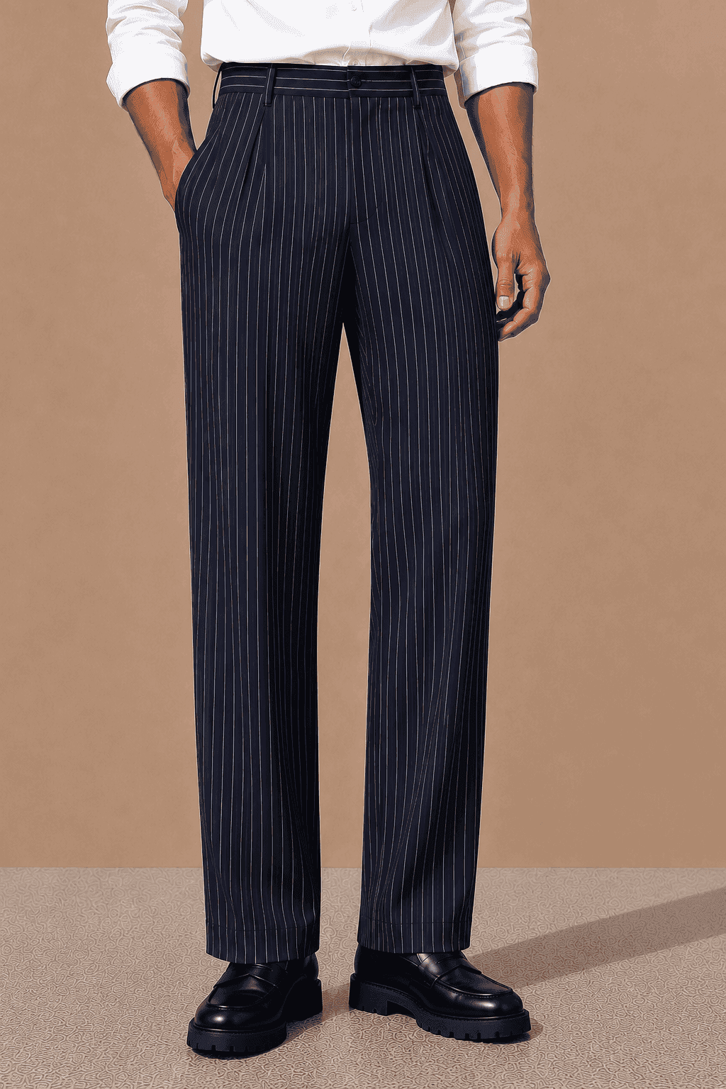 Navy Striped Viscose Relaxed Fit Korean Pant