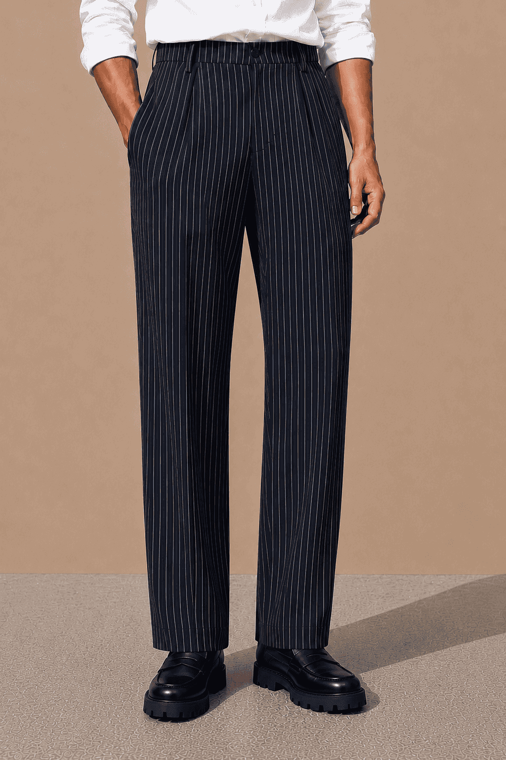 Navy Striped Viscose Relaxed Fit Korean Pant