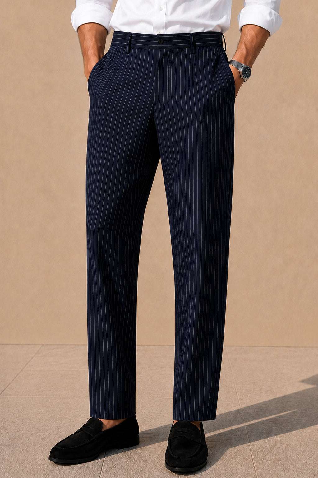 Navy Striped Viscose Slim Fit Pants