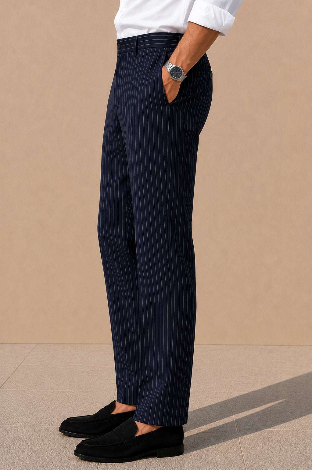 Navy Striped Viscose Slim Fit Pants