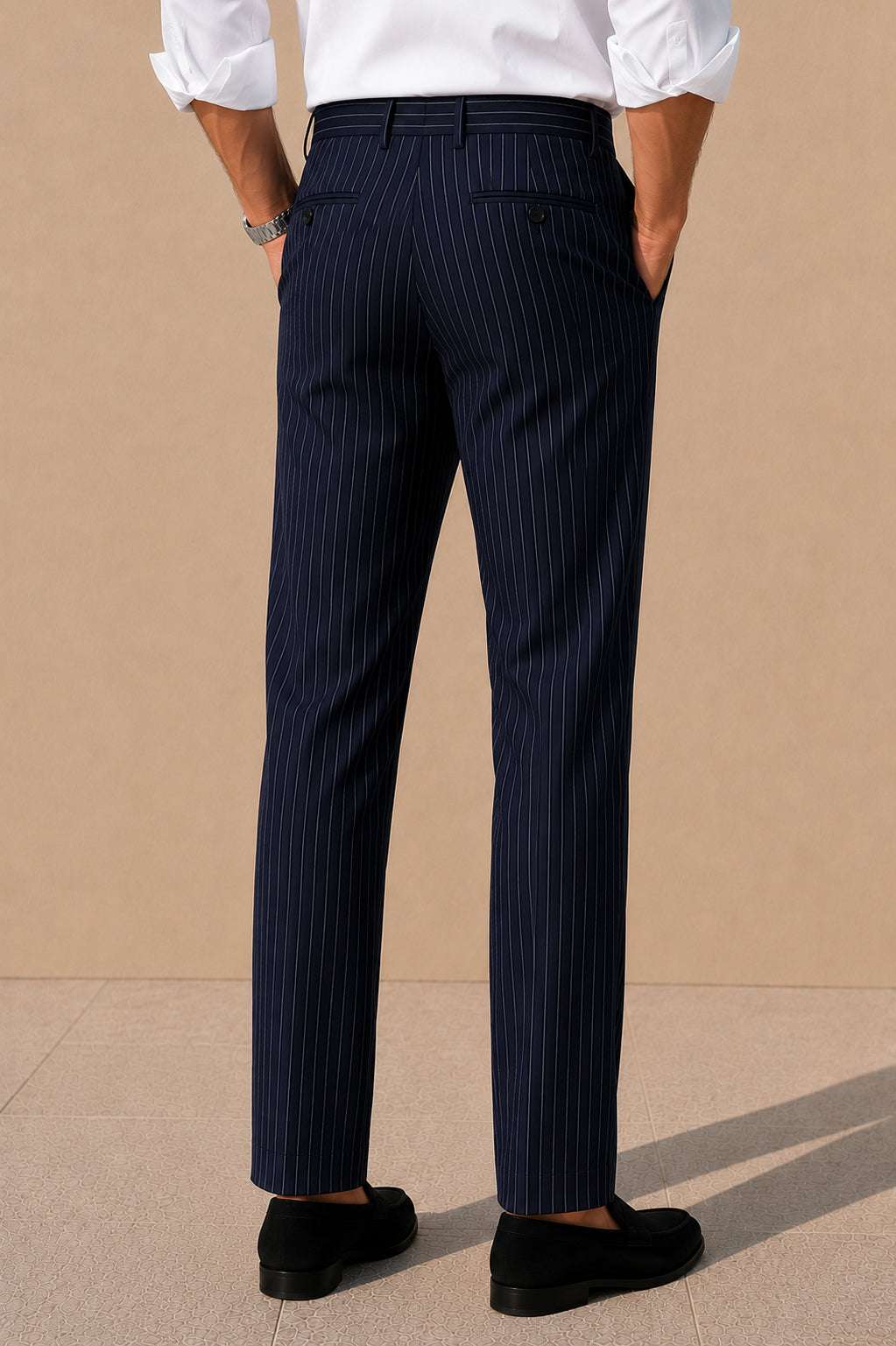 Navy Striped Viscose Slim Fit Pants