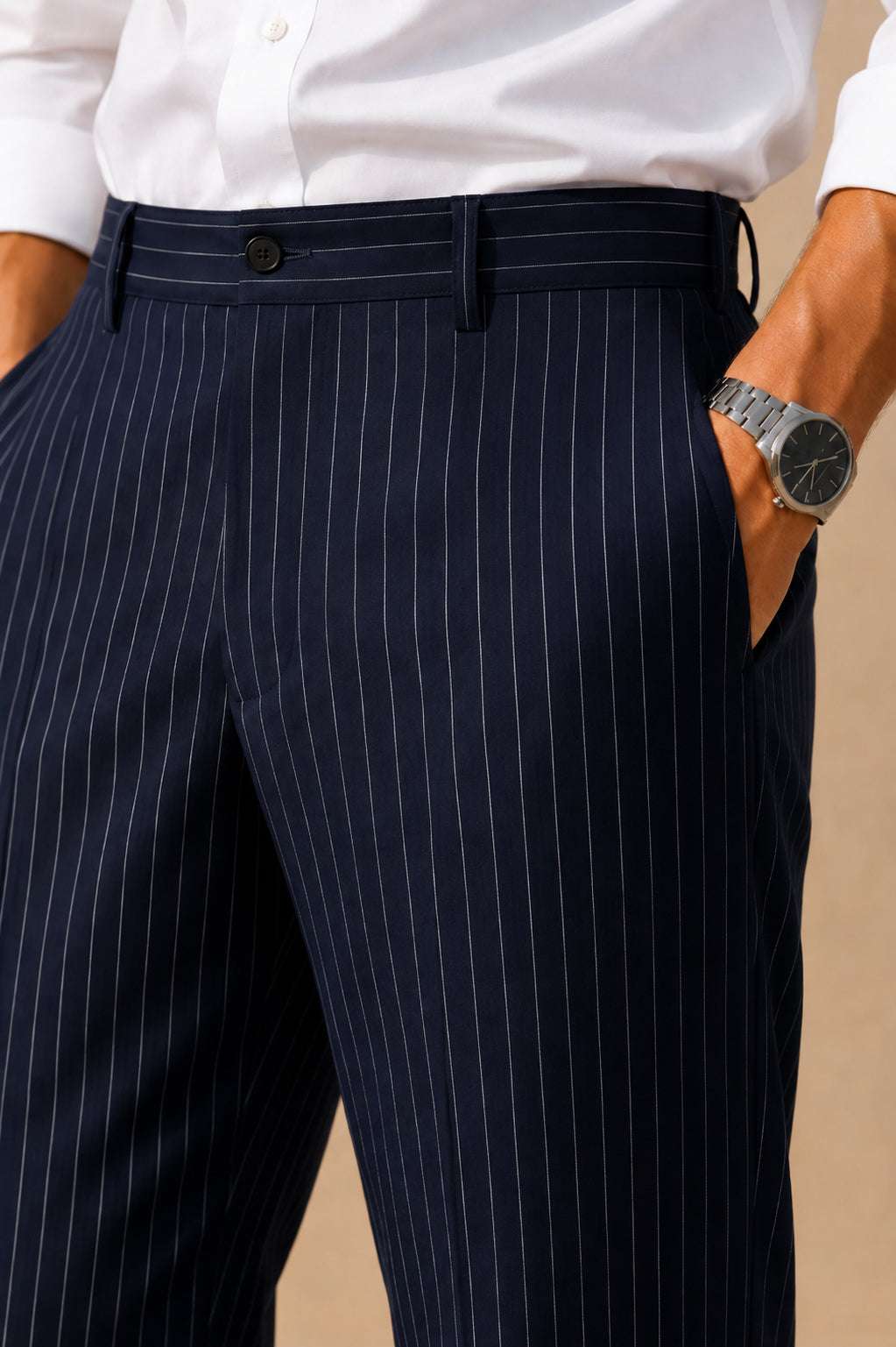 Navy Striped Viscose Slim Fit Pants