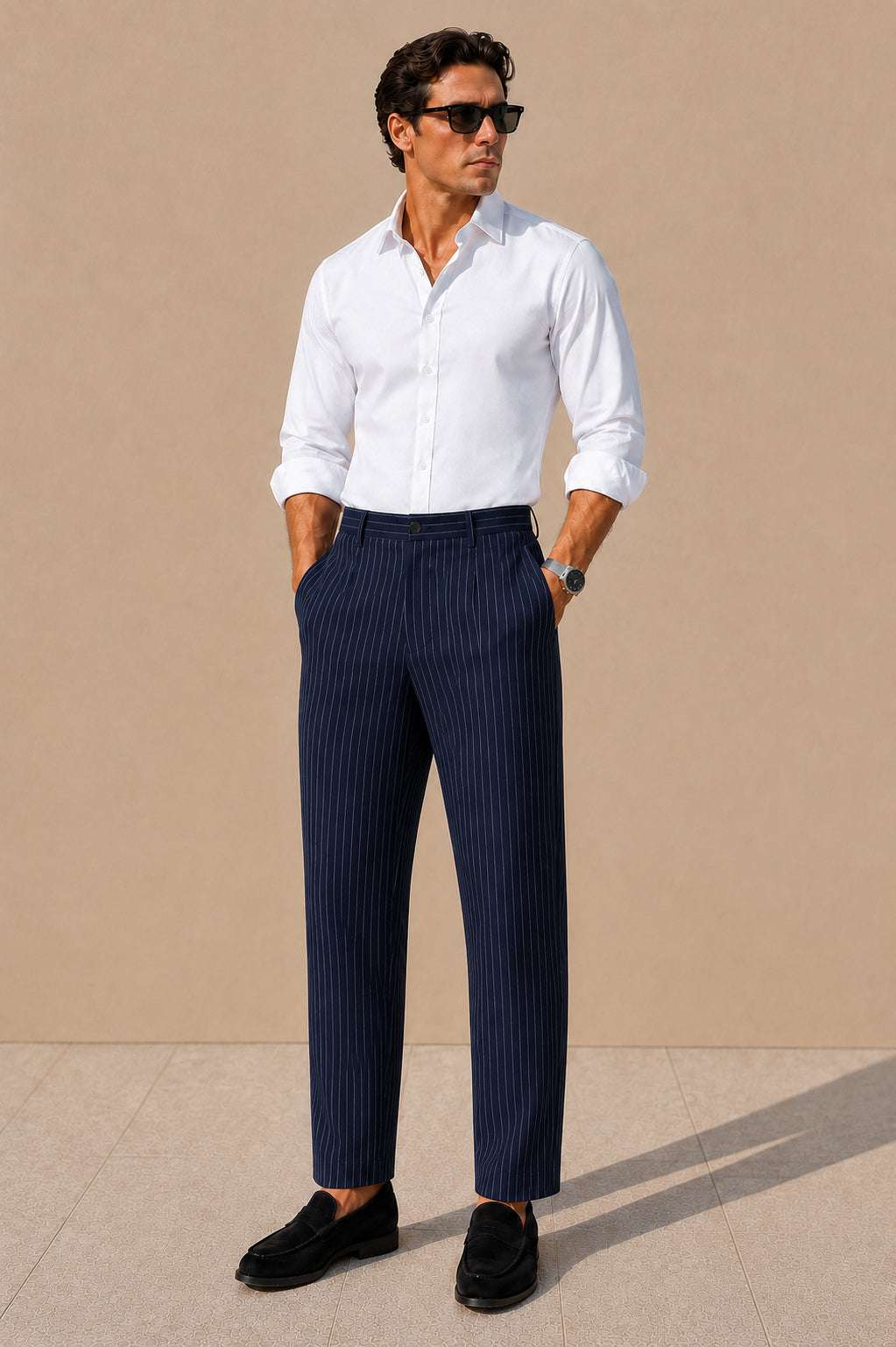 Navy Striped Viscose Slim Fit Pants