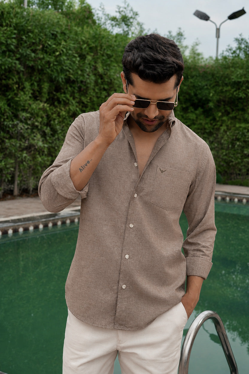 Brown Natural Textured Solid Pre-Washed Slim Fit Linen Cotton Shirt