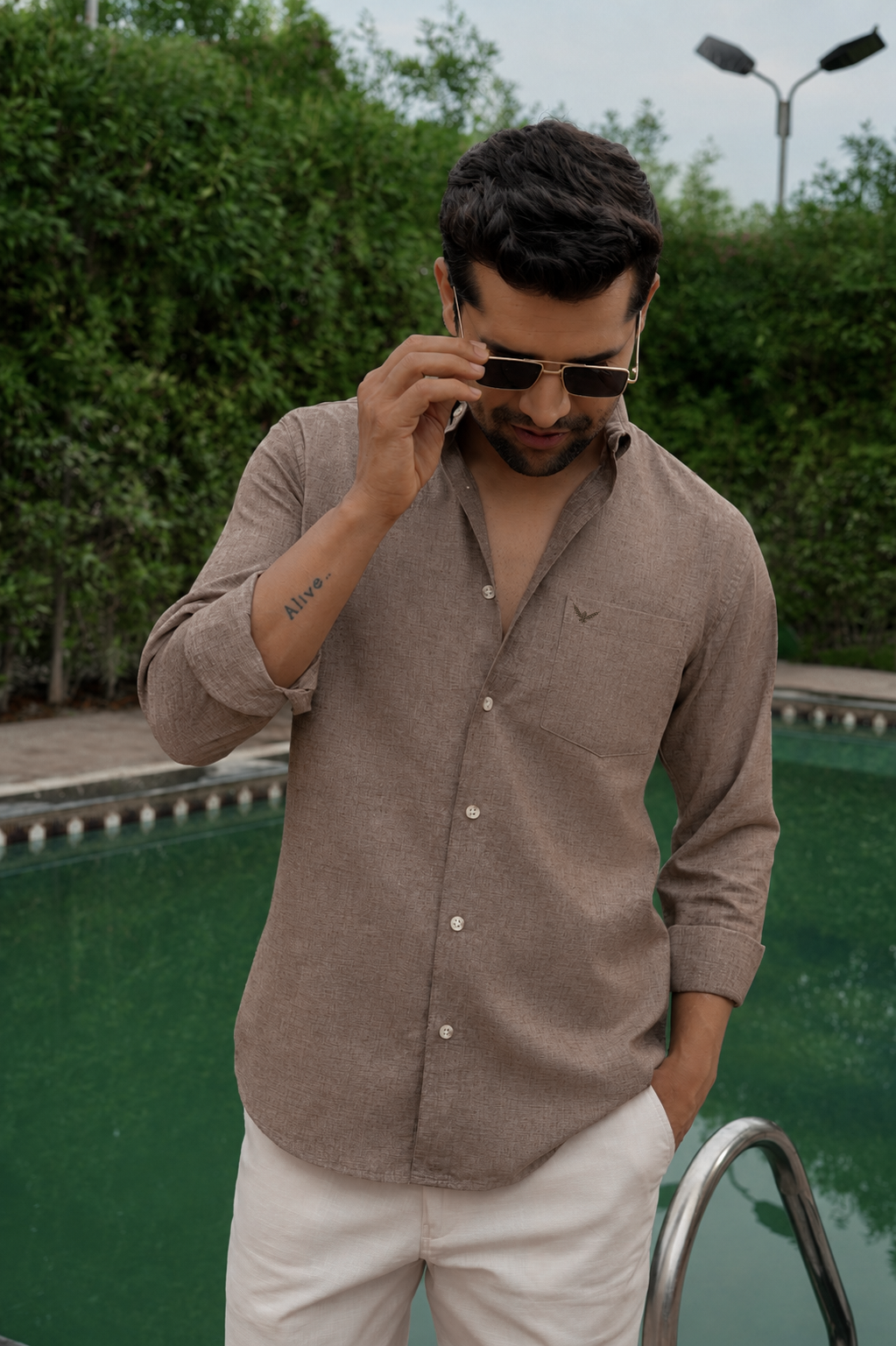 Brown Natural Textured Solid Pre-Washed Slim Fit Linen Cotton Shirt