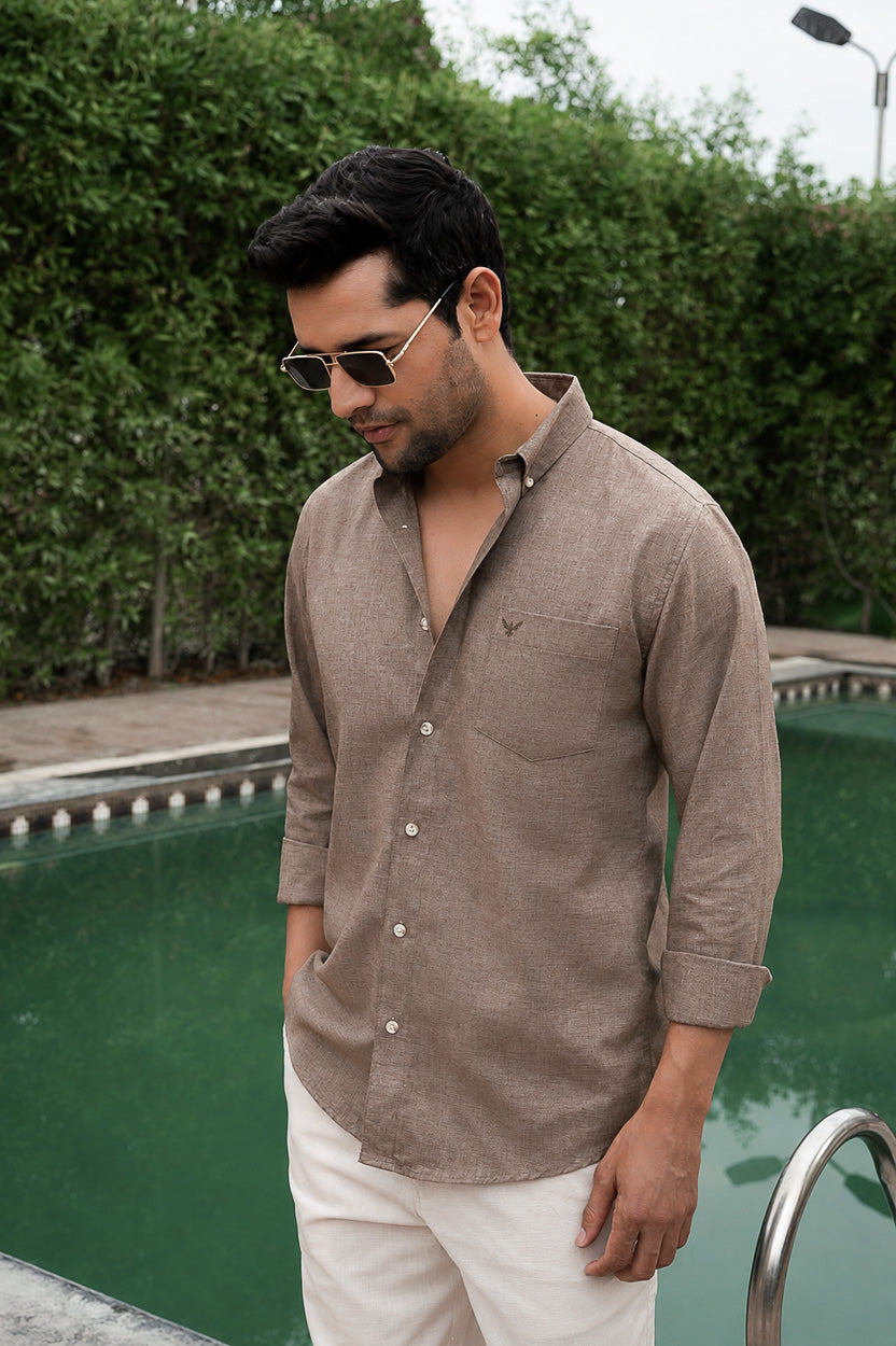 Brown Natural Textured Solid Pre-Washed Slim Fit Linen Cotton Shirt