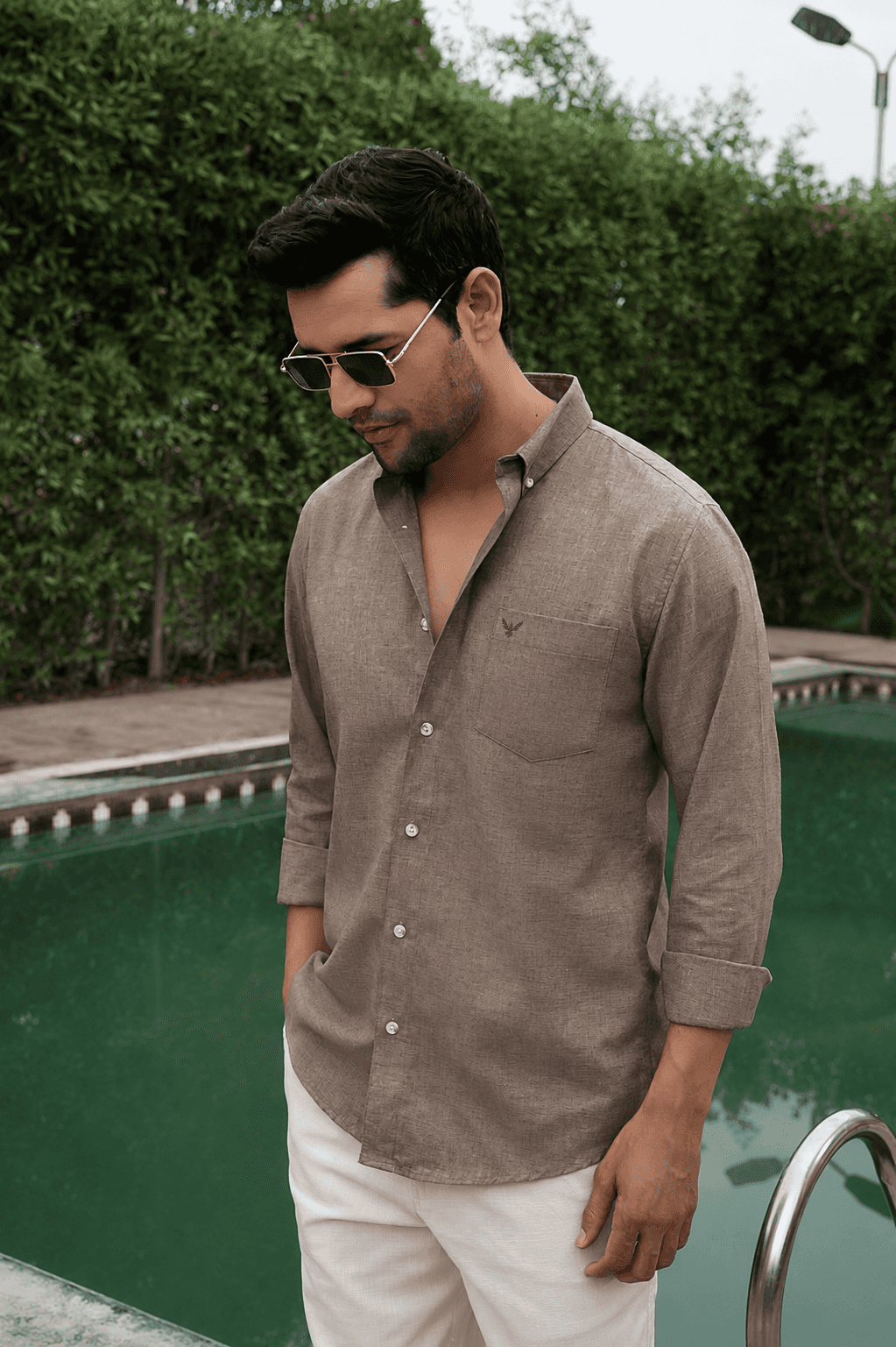 Brown Natural Textured Solid Pre-Washed Slim Fit Linen Cotton Regular Fit Plus Size Shirt