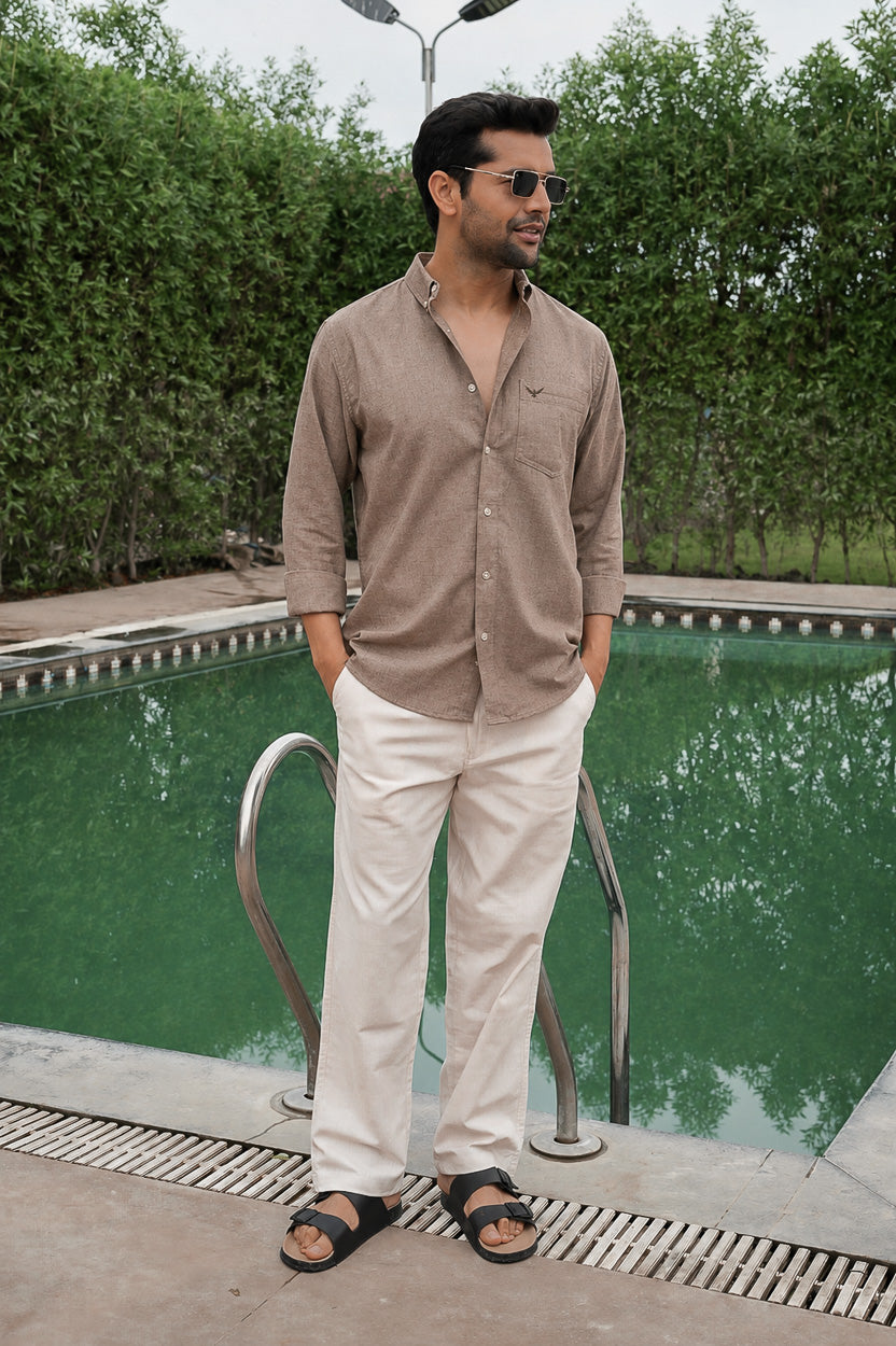 Brown Natural Textured Solid Pre-Washed Slim Fit Linen Cotton Shirt
