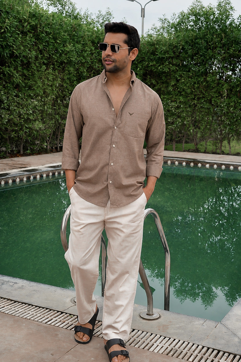 Brown Natural Textured Solid Pre-Washed Slim Fit Linen Cotton Shirt