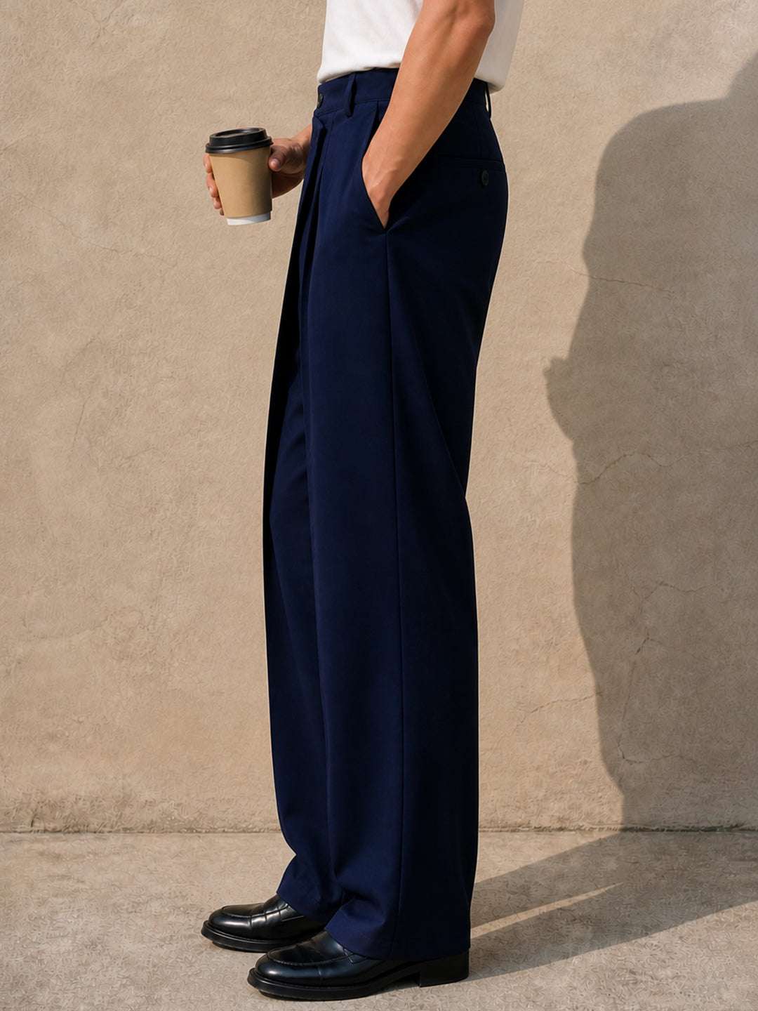 Navy Solid Banana Crepe Relaxed Fit Korean Pant