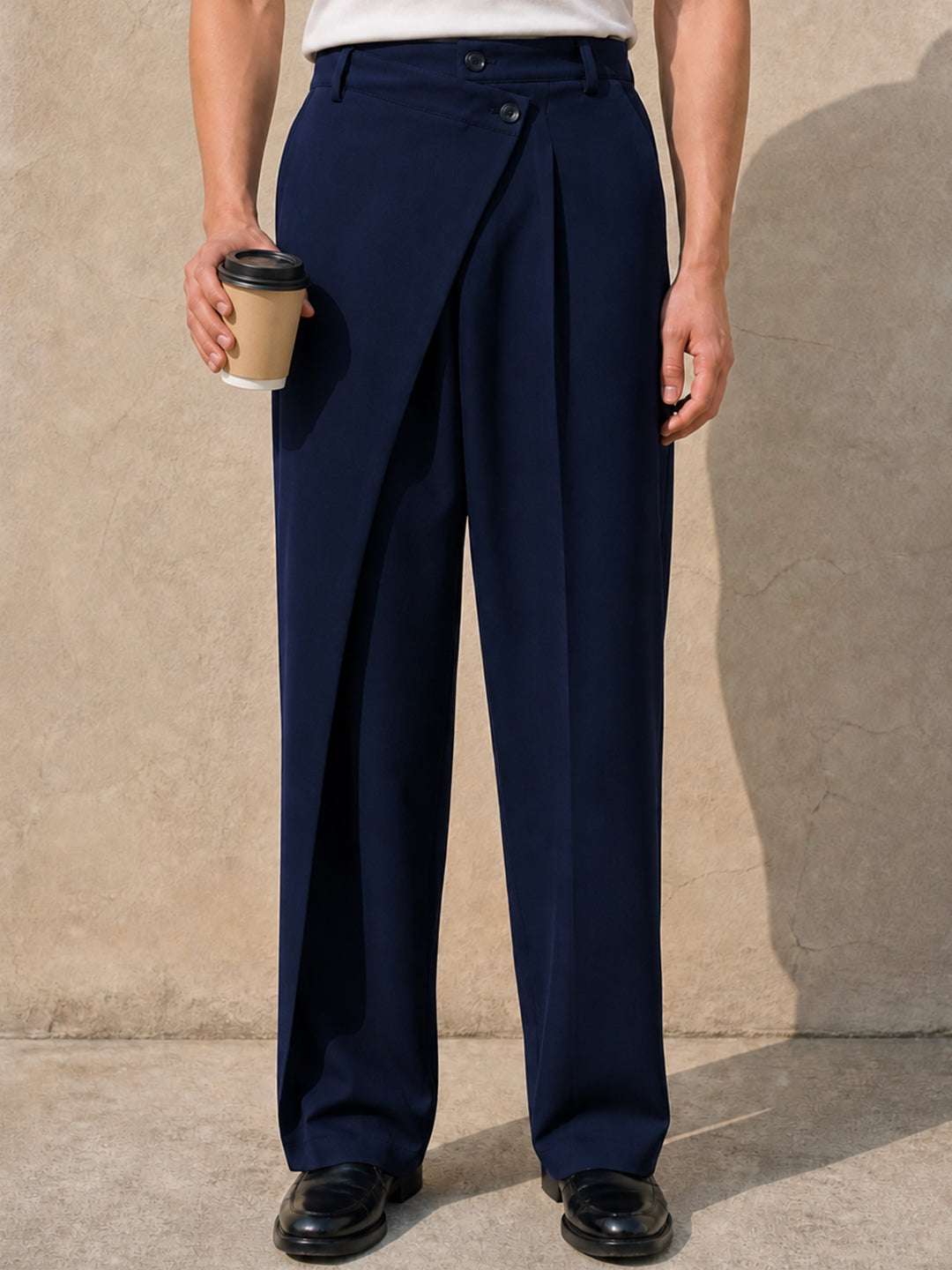 Navy Solid Banana Crepe Relaxed Fit Korean Pant