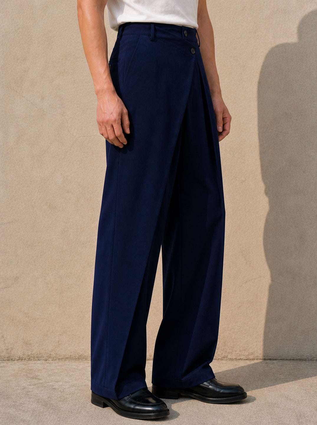 Navy Solid Banana Crepe Relaxed Fit Korean Pant