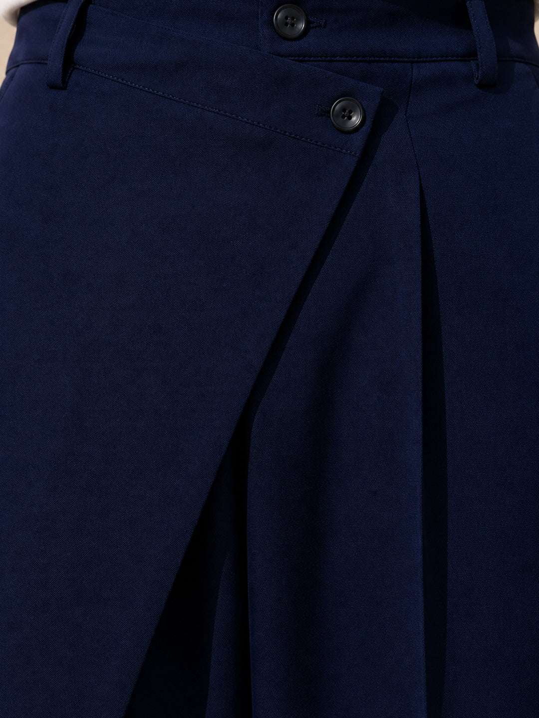 Navy Solid Banana Crepe Relaxed Fit Korean Pant