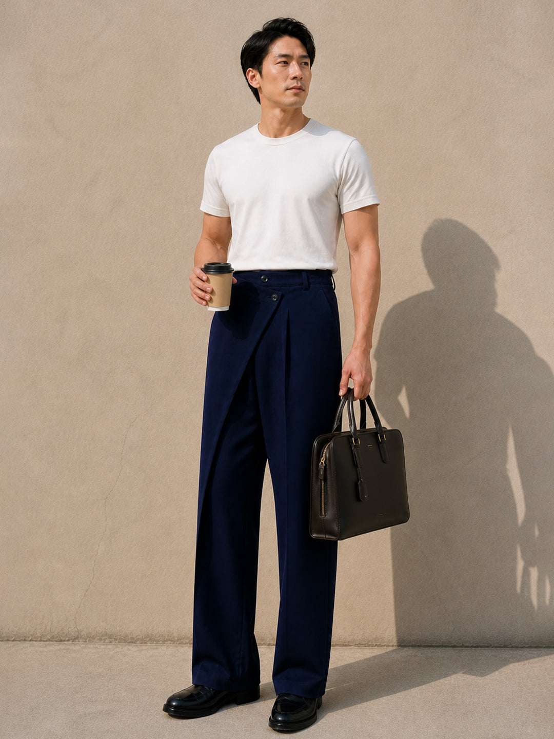 Navy Solid Banana Crepe Relaxed Fit Korean Pant