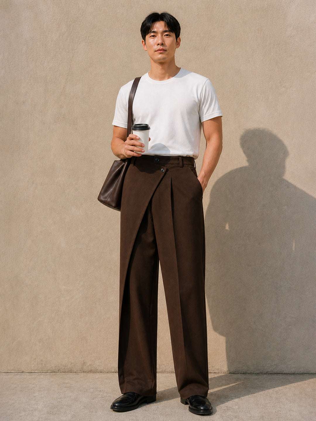Brown Solid Banana Crepe Relaxed Fit Korean Pant