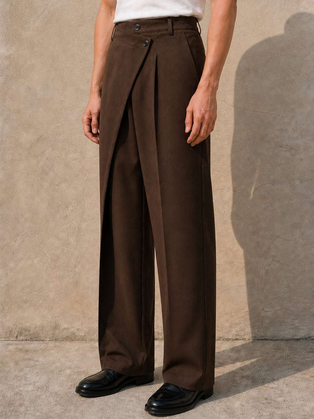 Brown Solid Banana Crepe Relaxed Fit Korean Pant