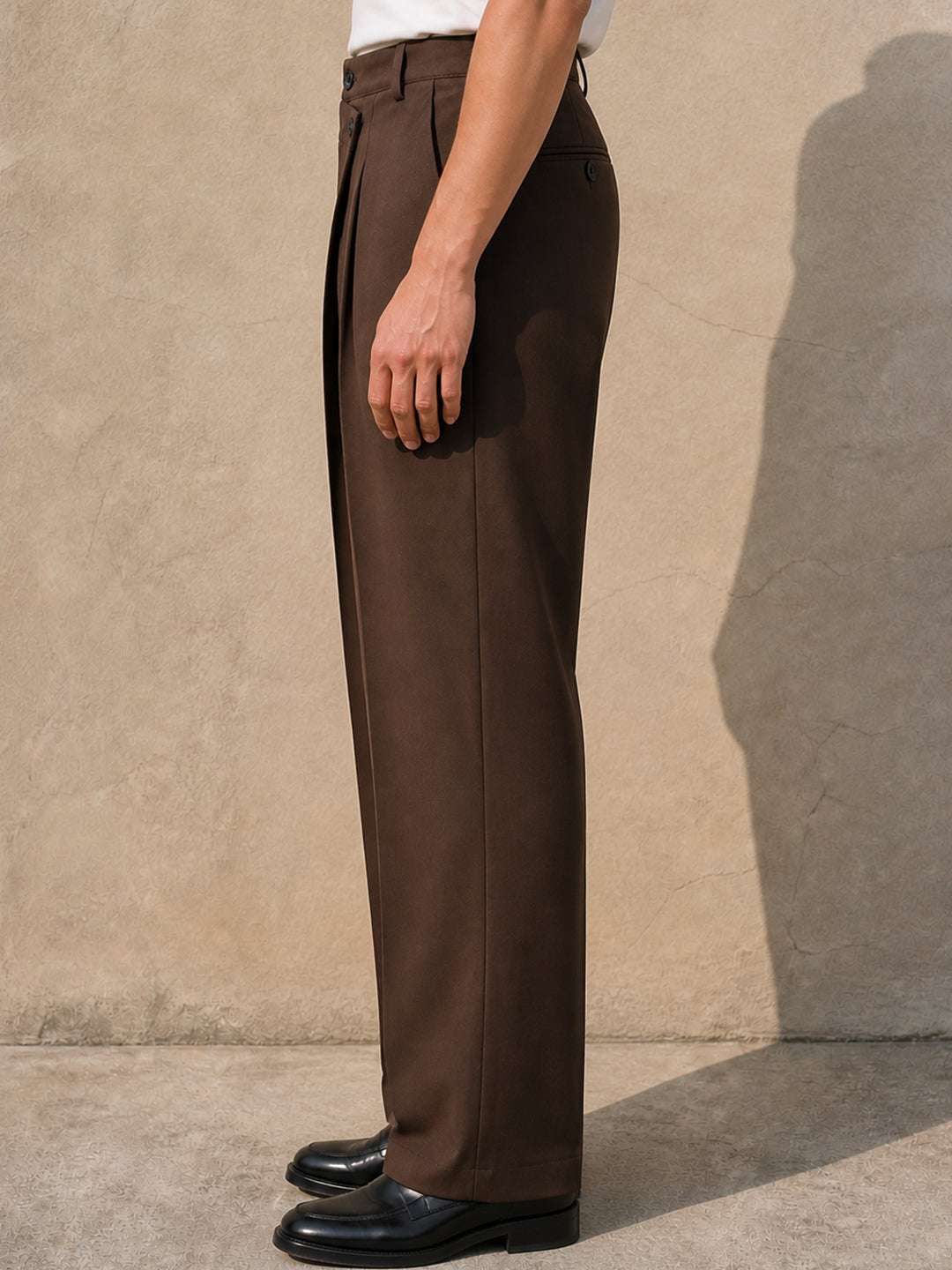 Brown Solid Banana Crepe Relaxed Fit Korean Pant