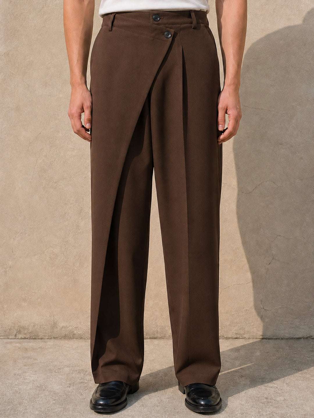 Brown Solid Banana Crepe Relaxed Fit Korean Pant