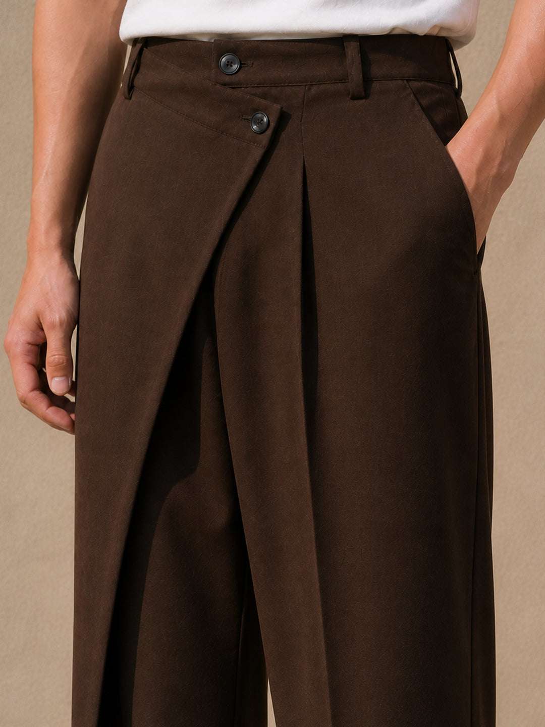 Brown Solid Banana Crepe Relaxed Fit Korean Pant