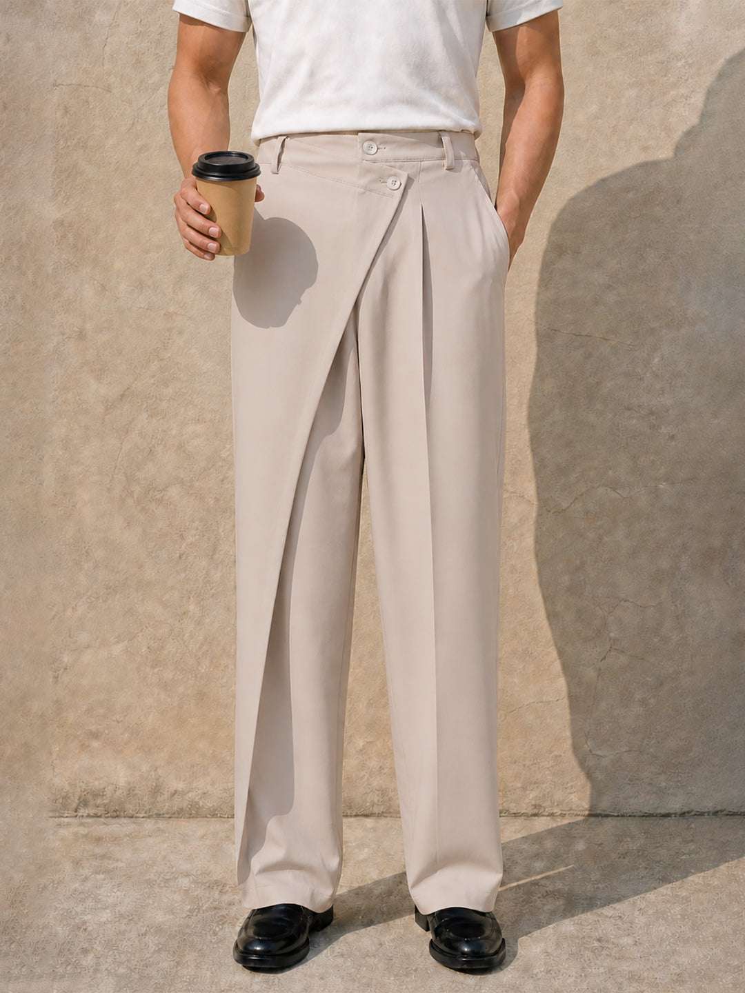 Cream Solid Banana Crepe Relaxed Fit Korean Pant